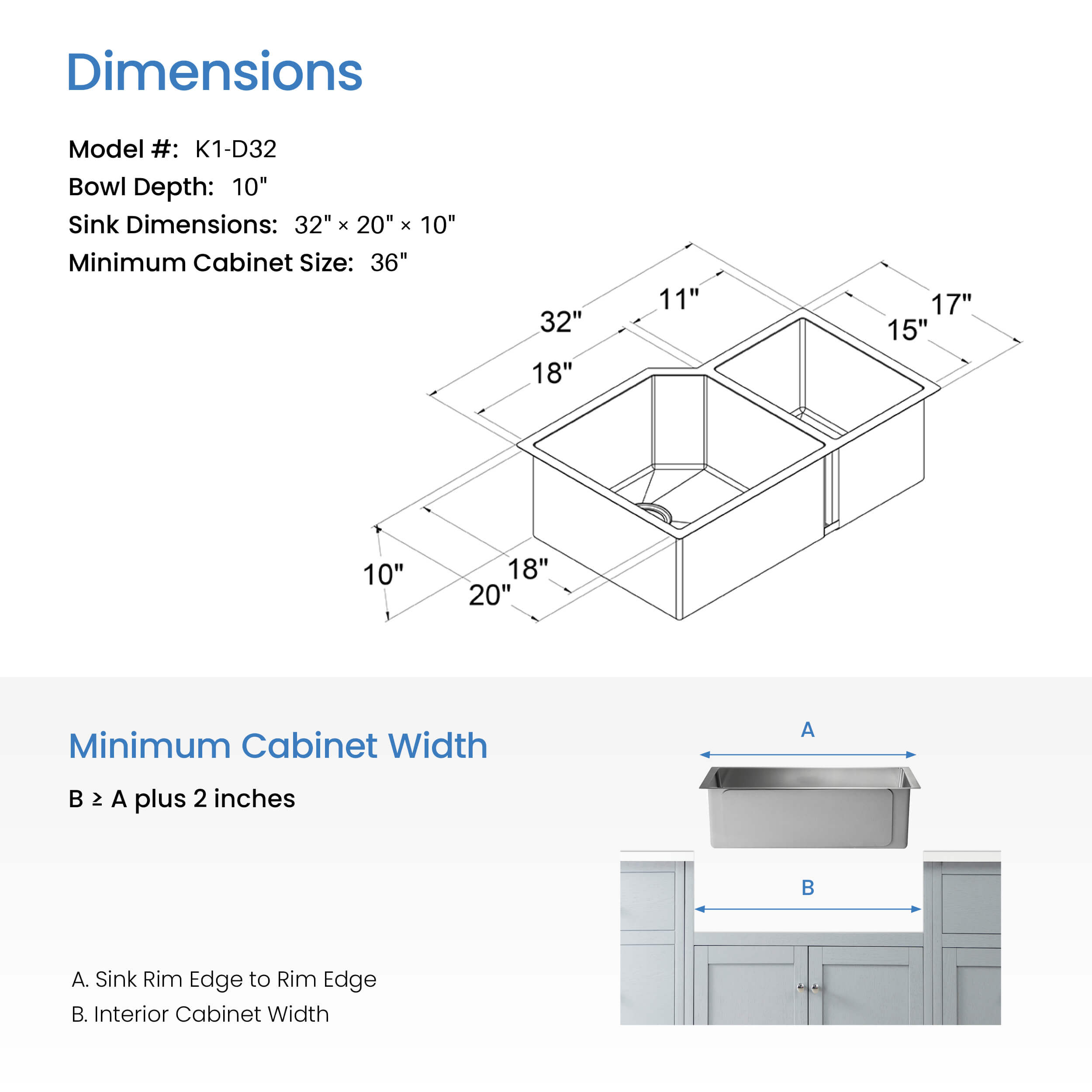 32″ Handcrafted Undermount Double Bowl Stainless Steel Kitchen Sink – K1-D32