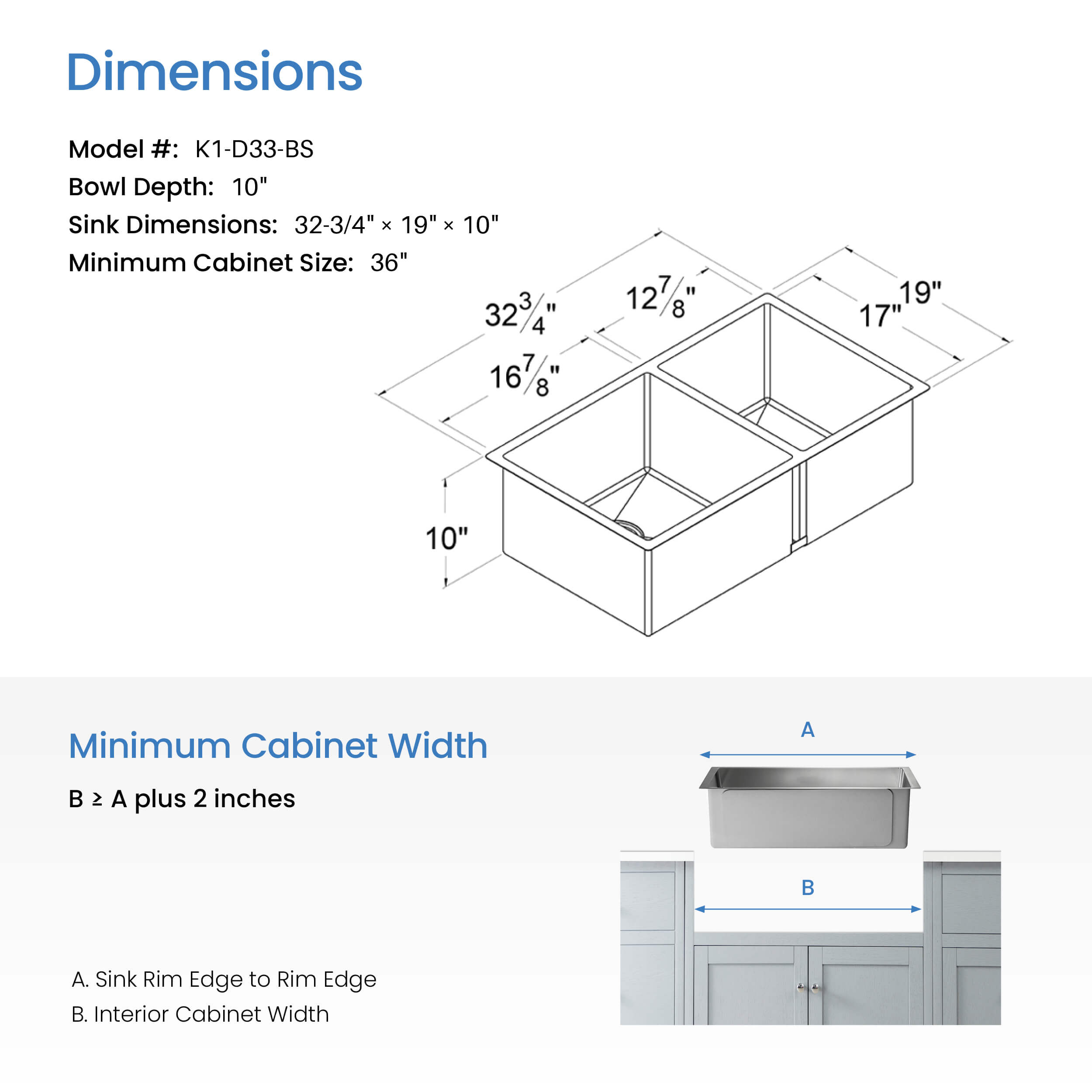 32 3/4″ Handcrafted Undermount Double Bowl Stainless Steel Kitchen Sink – K1-D33-BS