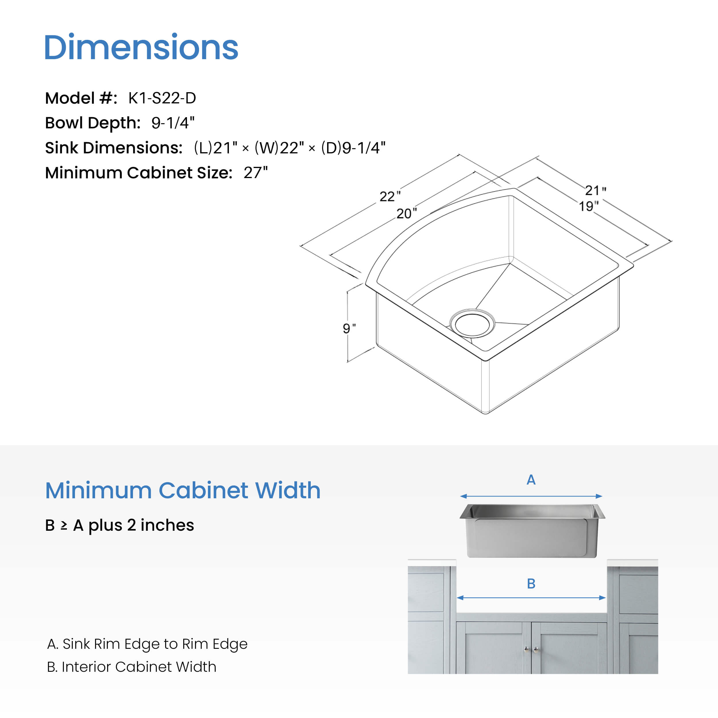 22″ Handcrafted Undermount Single Bowl 16 gauge Stainless Steel D Shape Kitchen Sink – K1-S22-D