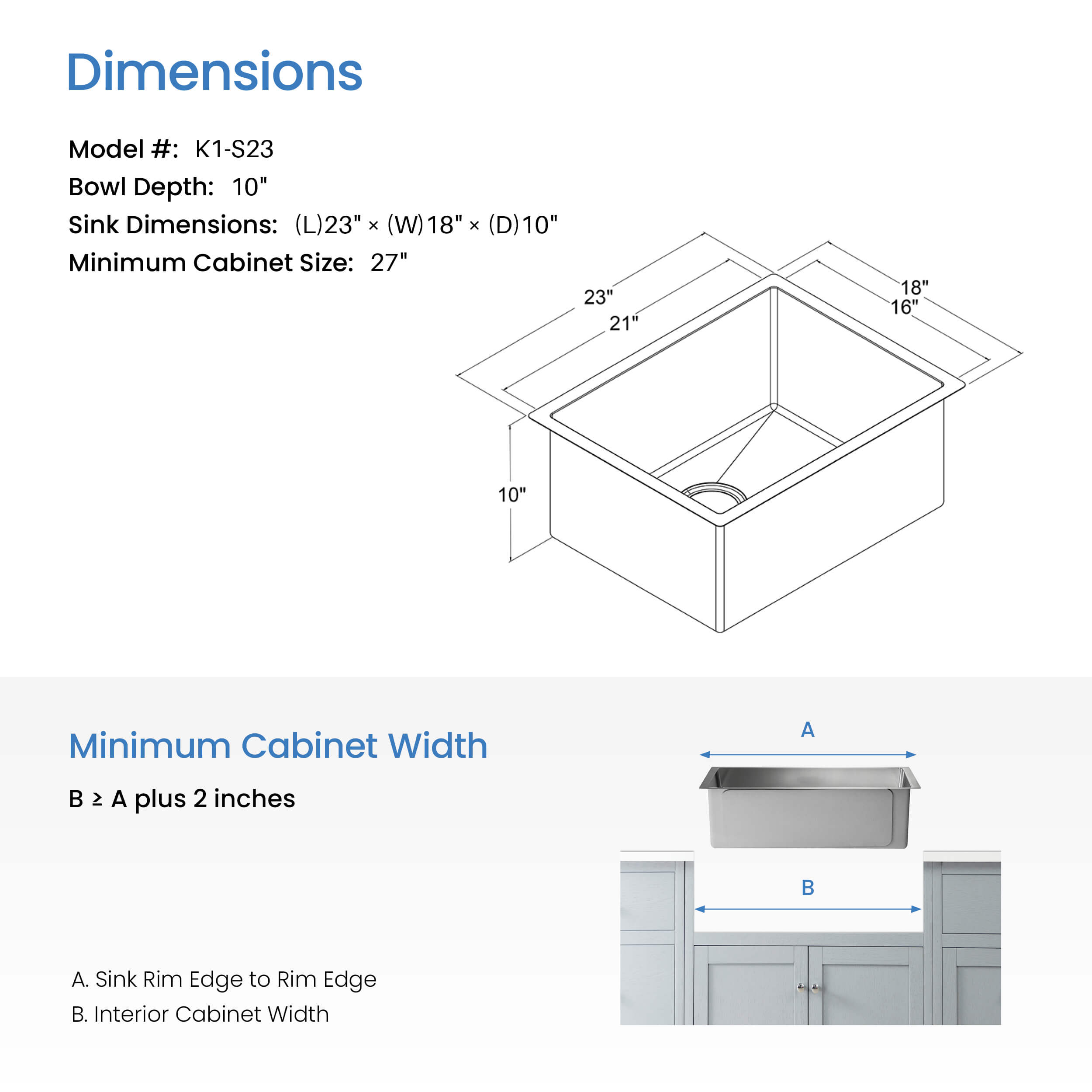 23″ Handcrafted Undermount Single Bowl 16 gauge Stainless Steel Kitchen Sink – K1-S23