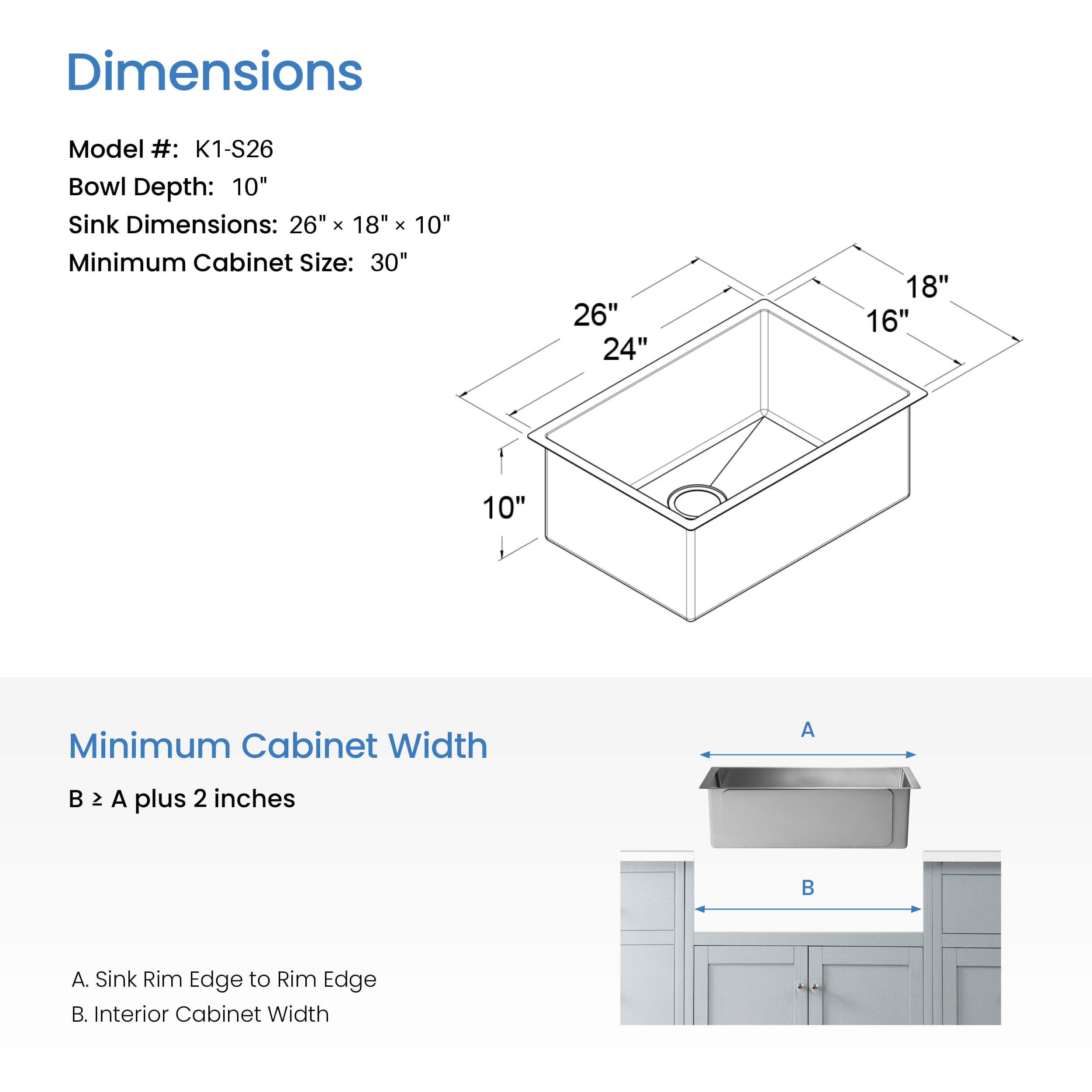 26″ Handcrafted Undermount Single Bowl 16 gauge Stainless Steel Kitchen Sink – K1-S26