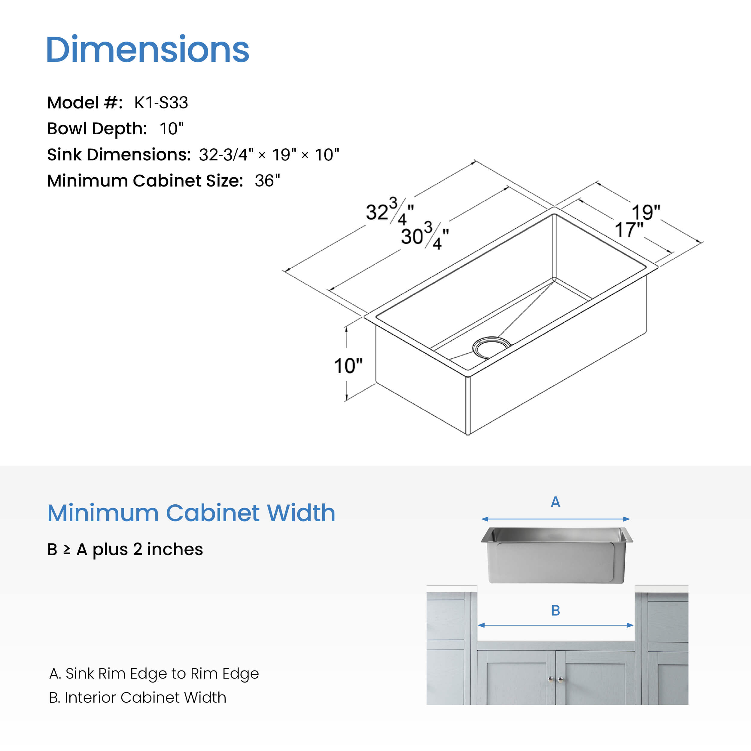 32 3/4″ Handcrafted Undermount Single Bowl 16 gauge Stainless Steel Kitchen Sink – K1-S33