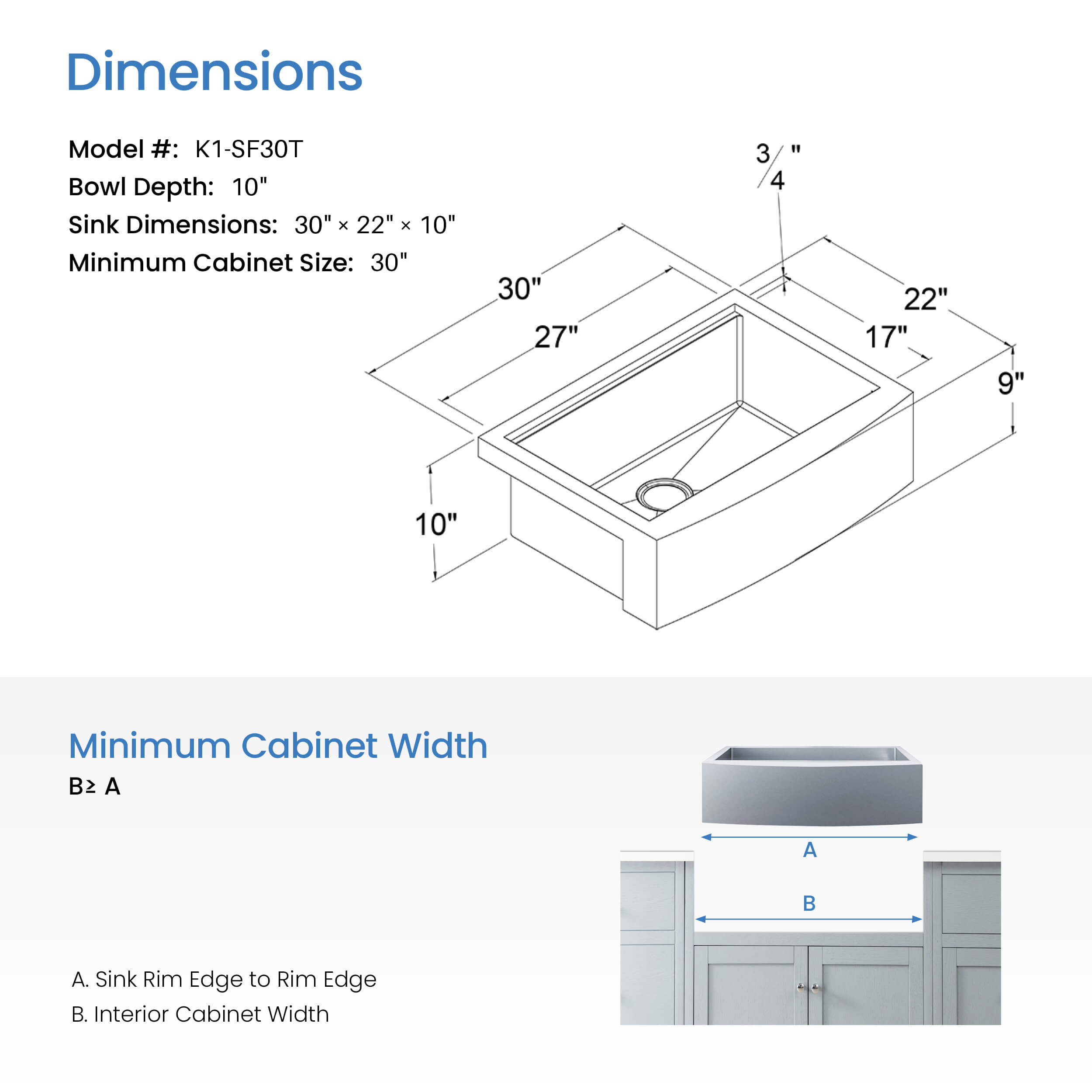 30″ Farmhouse Apron Single Bowl Stainless Steel Workstation Kitchen Sink – K1-SF30T