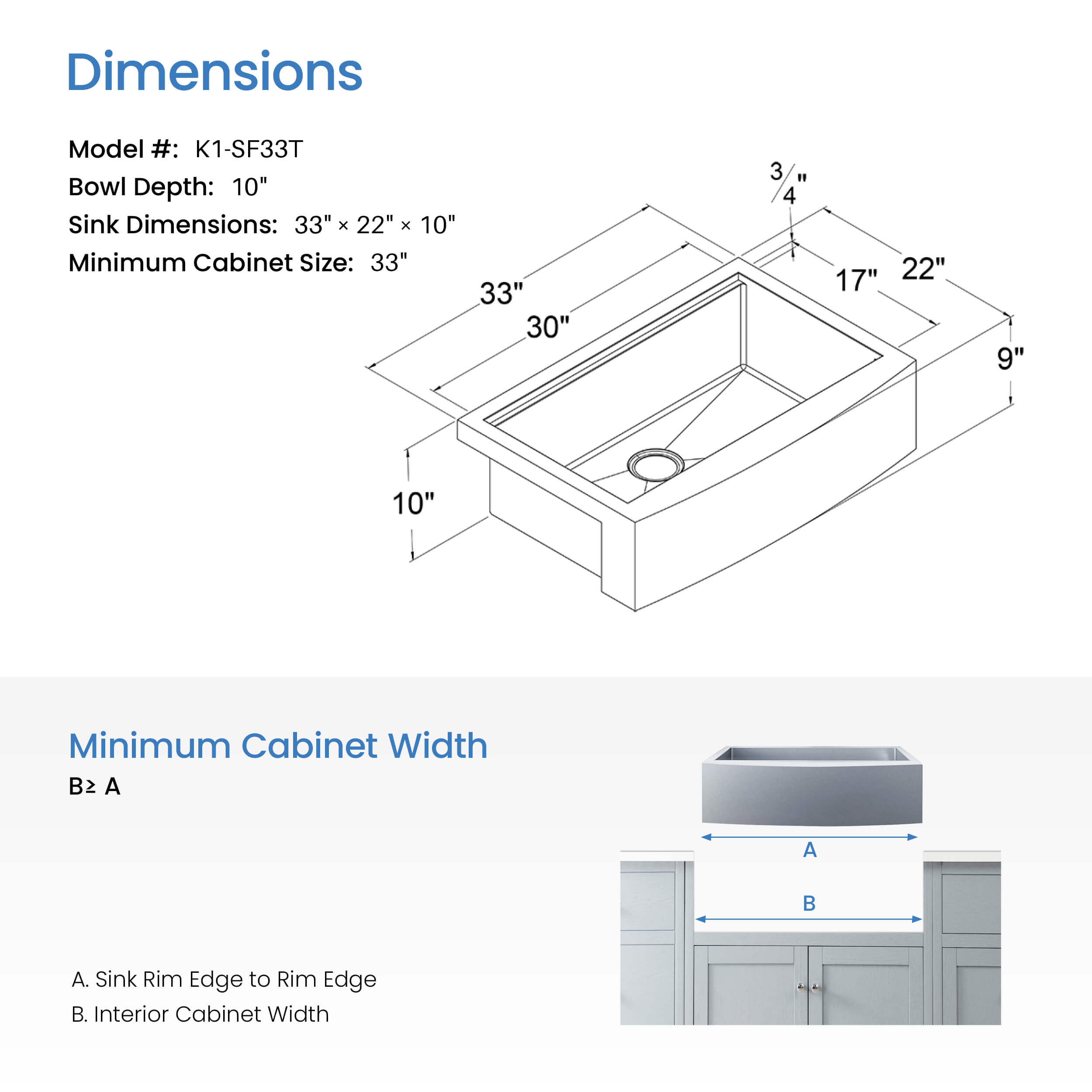 33″ Farmhouse Apron Single Bowl Stainless Steel Workstation Kitchen Sink – K1-SF33T