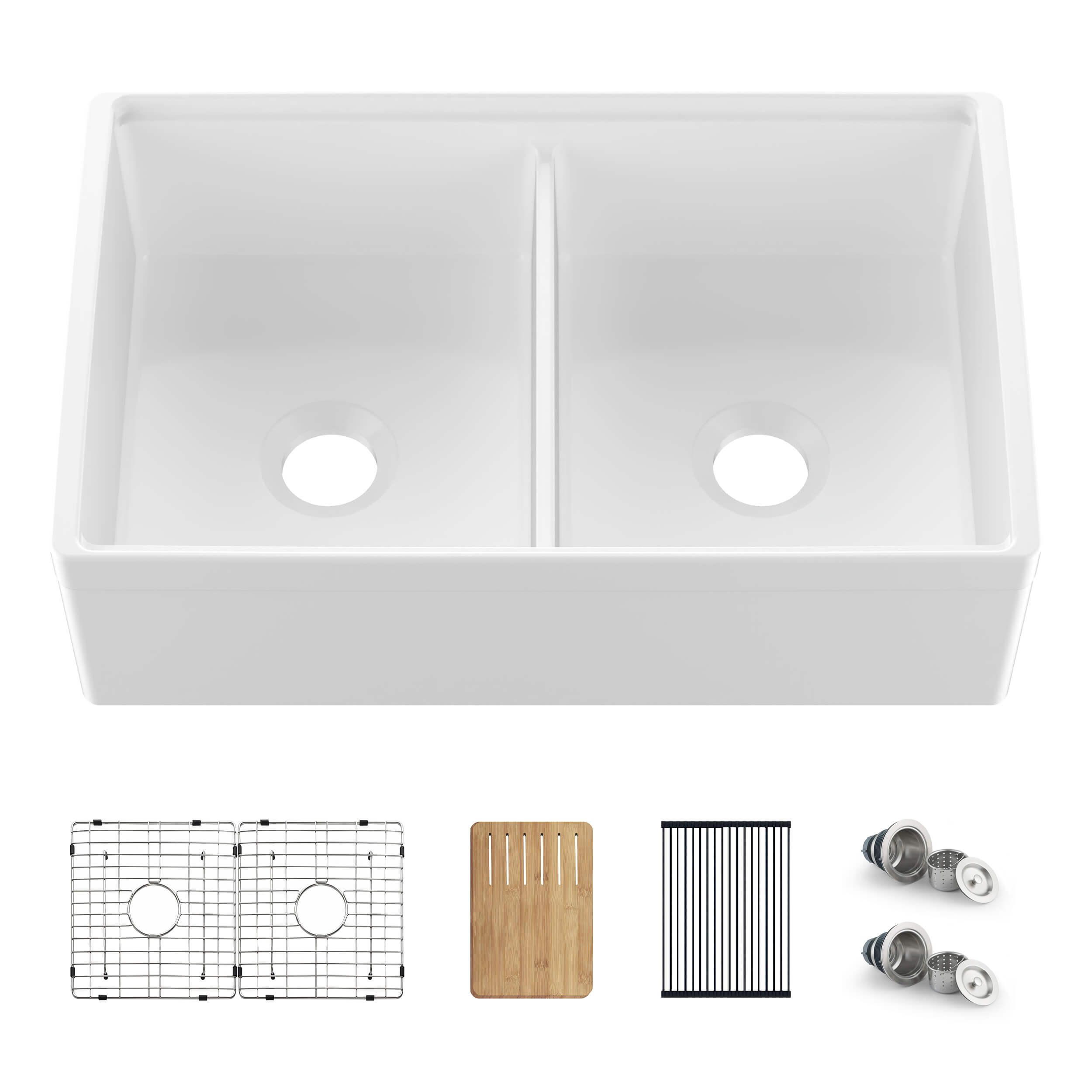 33″ Pure Fireclay Double Bowl Farmhouse Kitchen Workstation Sink – K2-DF33T