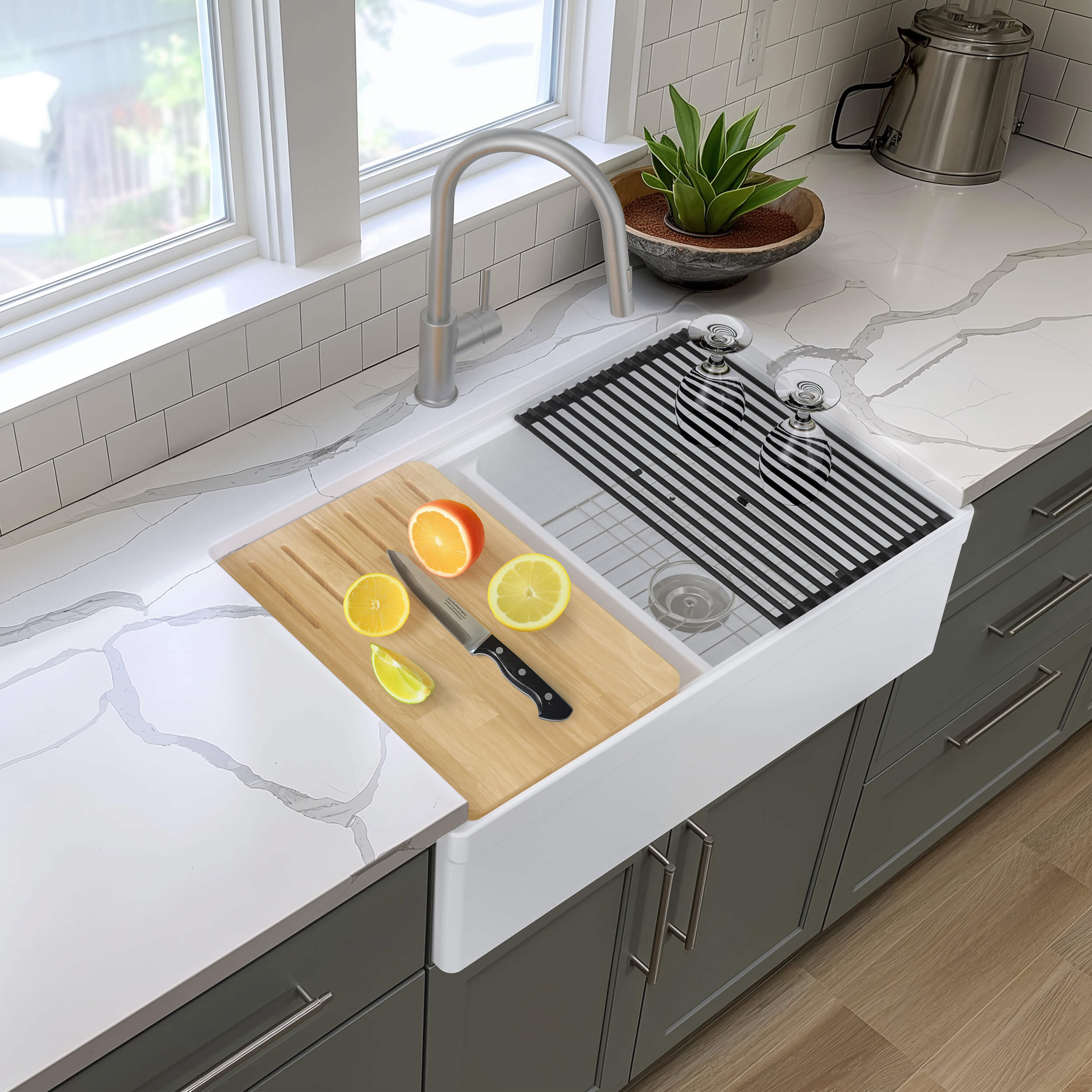 33″ Pure Fireclay Double Bowl Farmhouse Kitchen Workstation Sink – K2-DF33T