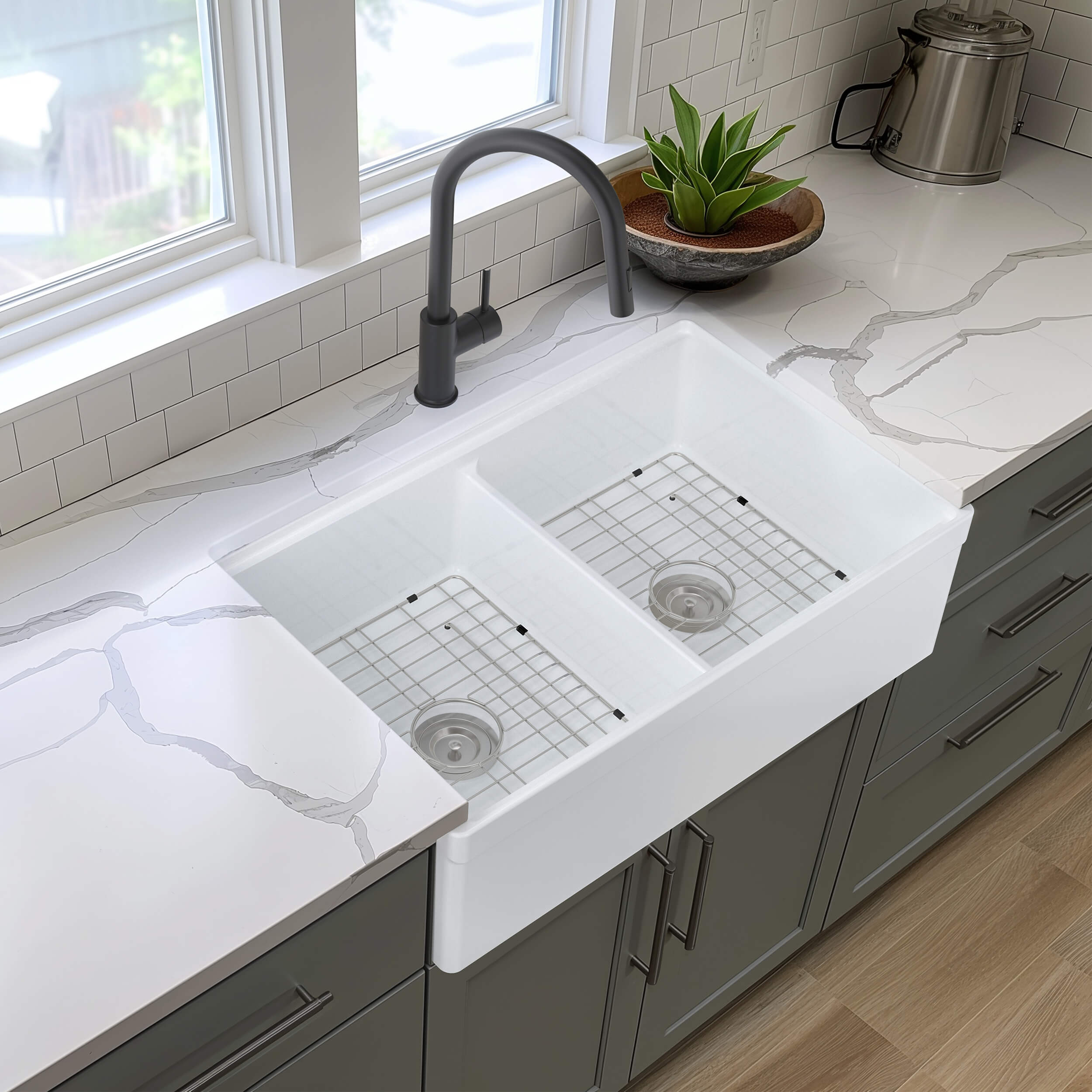 33″ Pure Fireclay Double Bowl Farmhouse Kitchen Workstation Sink – K2-DF33T