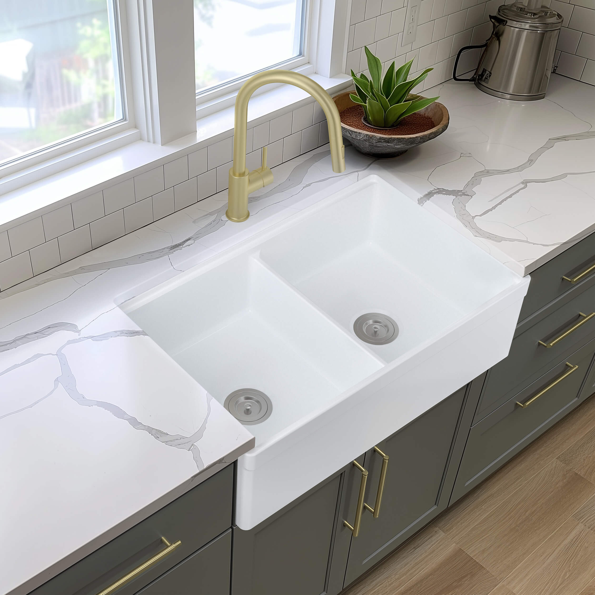 33″ Pure Fireclay Double Bowl Farmhouse Kitchen Workstation Sink – K2-DF33T