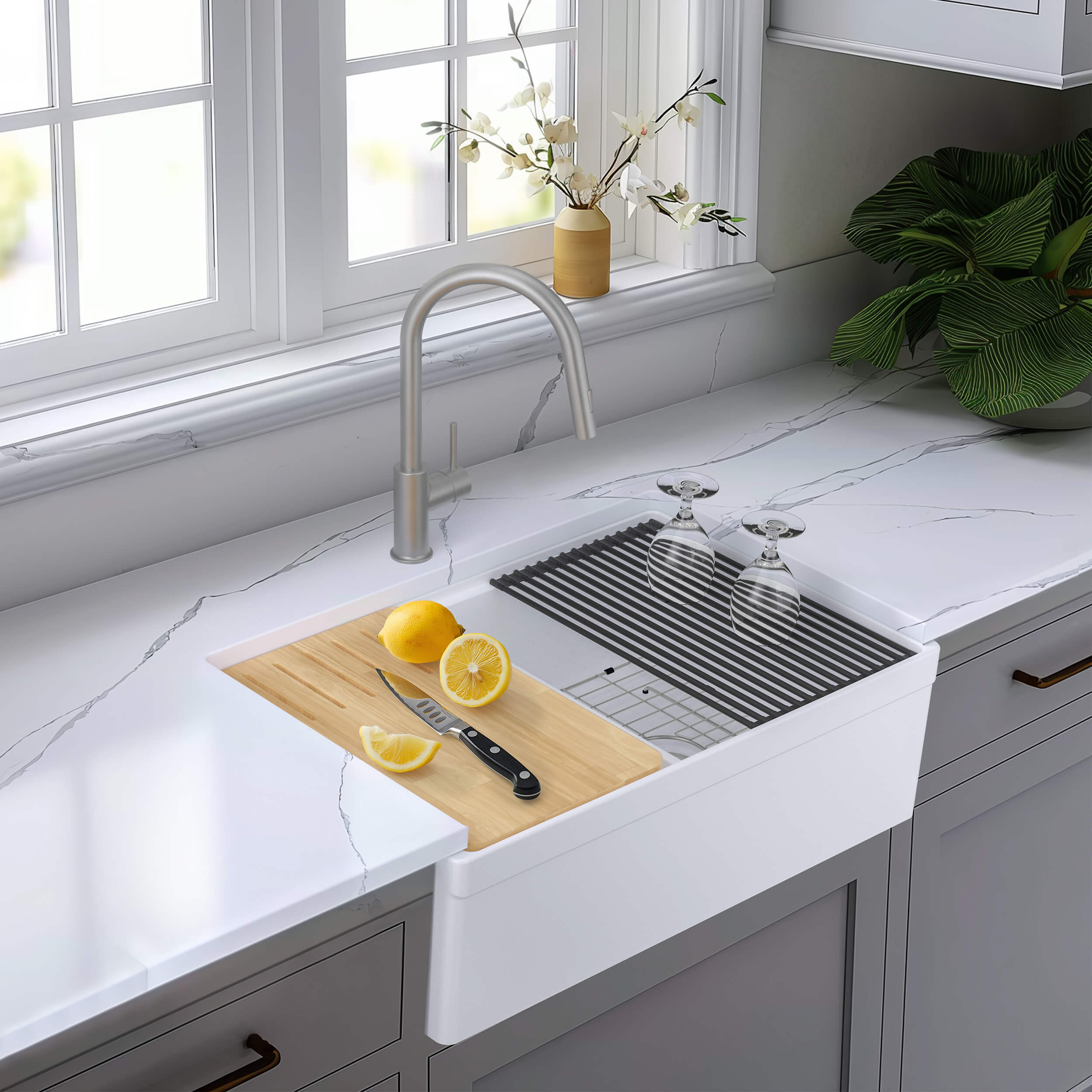 33″ Pure Fireclay Double Bowl Farmhouse Kitchen Workstation Sink – K2-DF33T