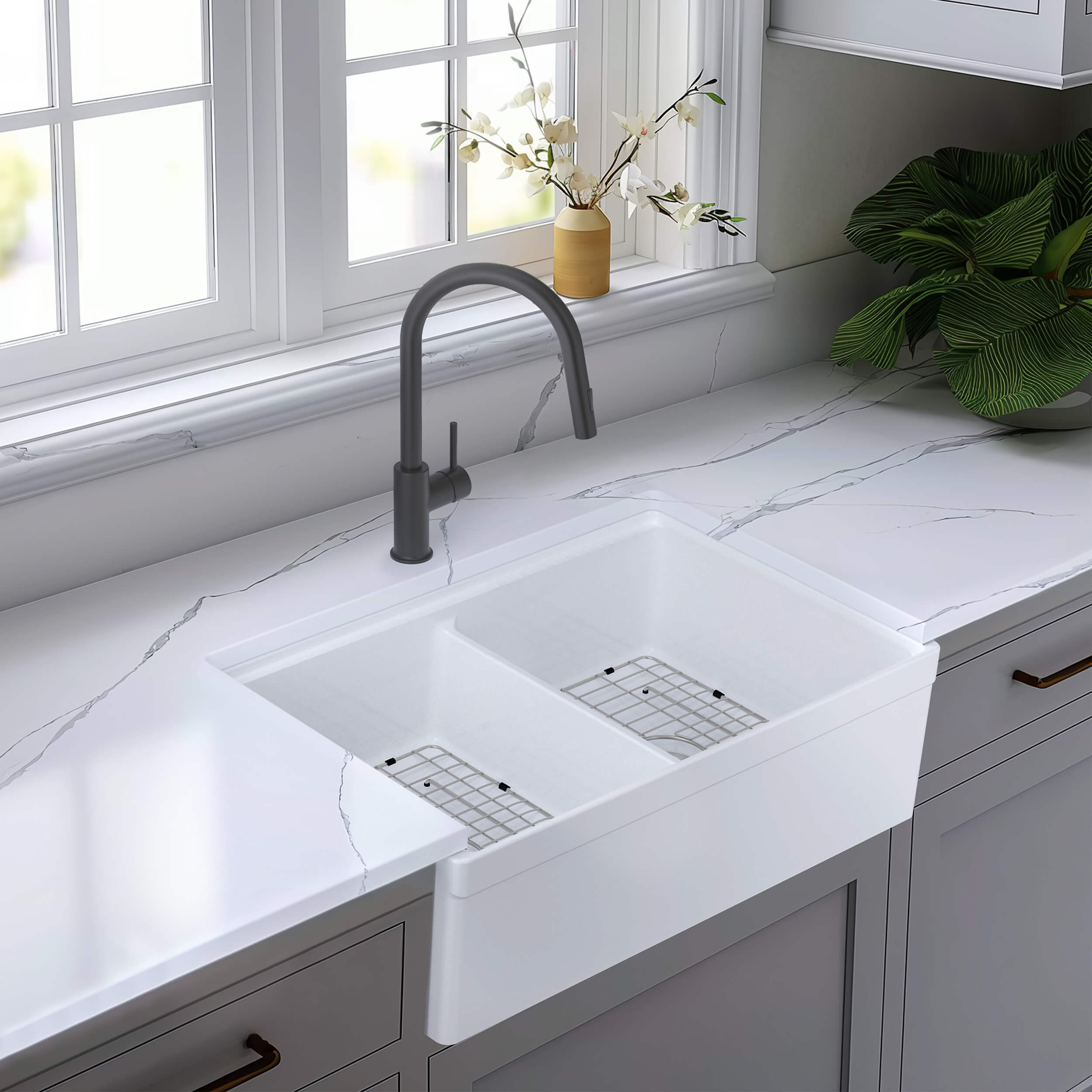 33″ Pure Fireclay Double Bowl Farmhouse Kitchen Workstation Sink – K2-DF33T