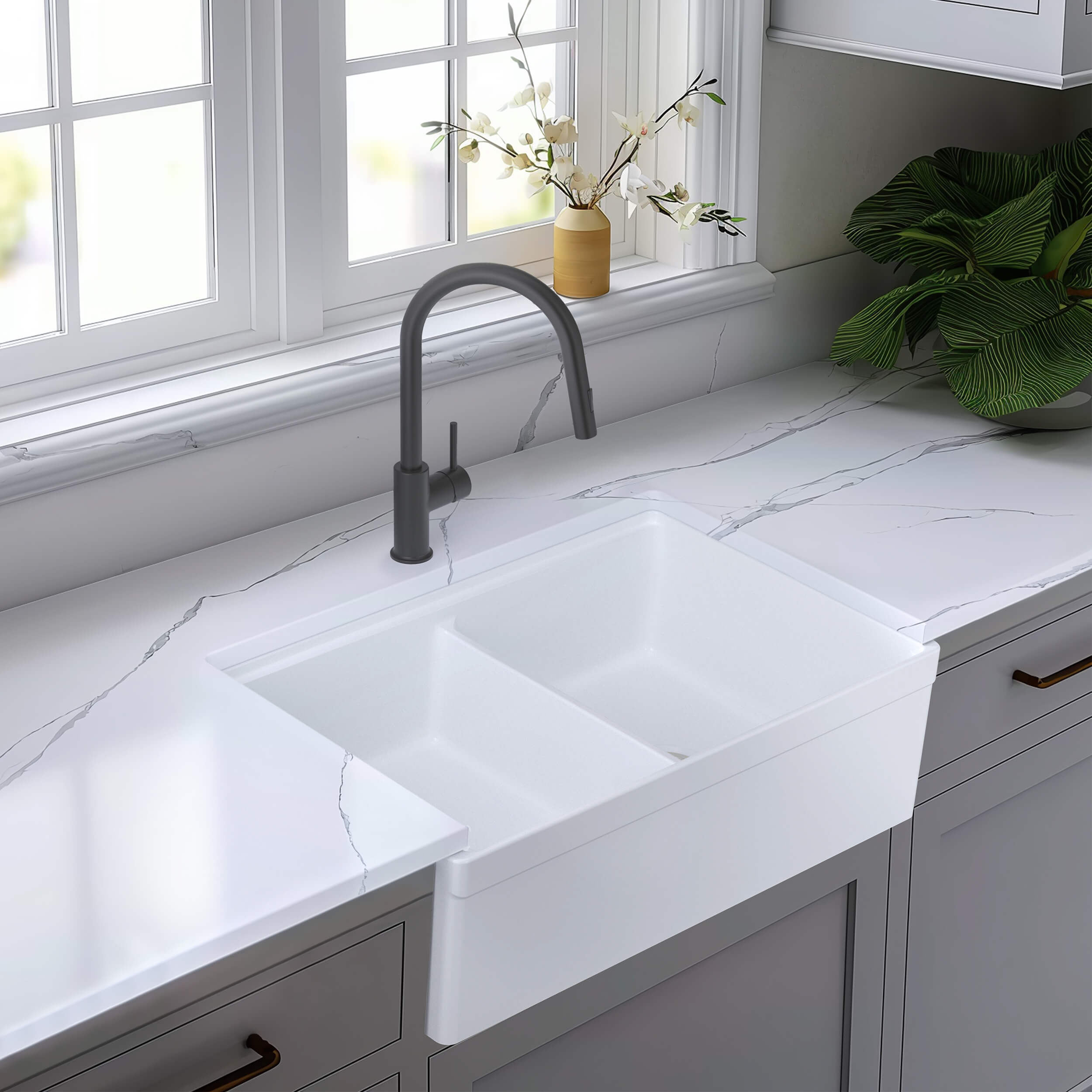 33″ Pure Fireclay Double Bowl Farmhouse Kitchen Workstation Sink – K2-DF33T