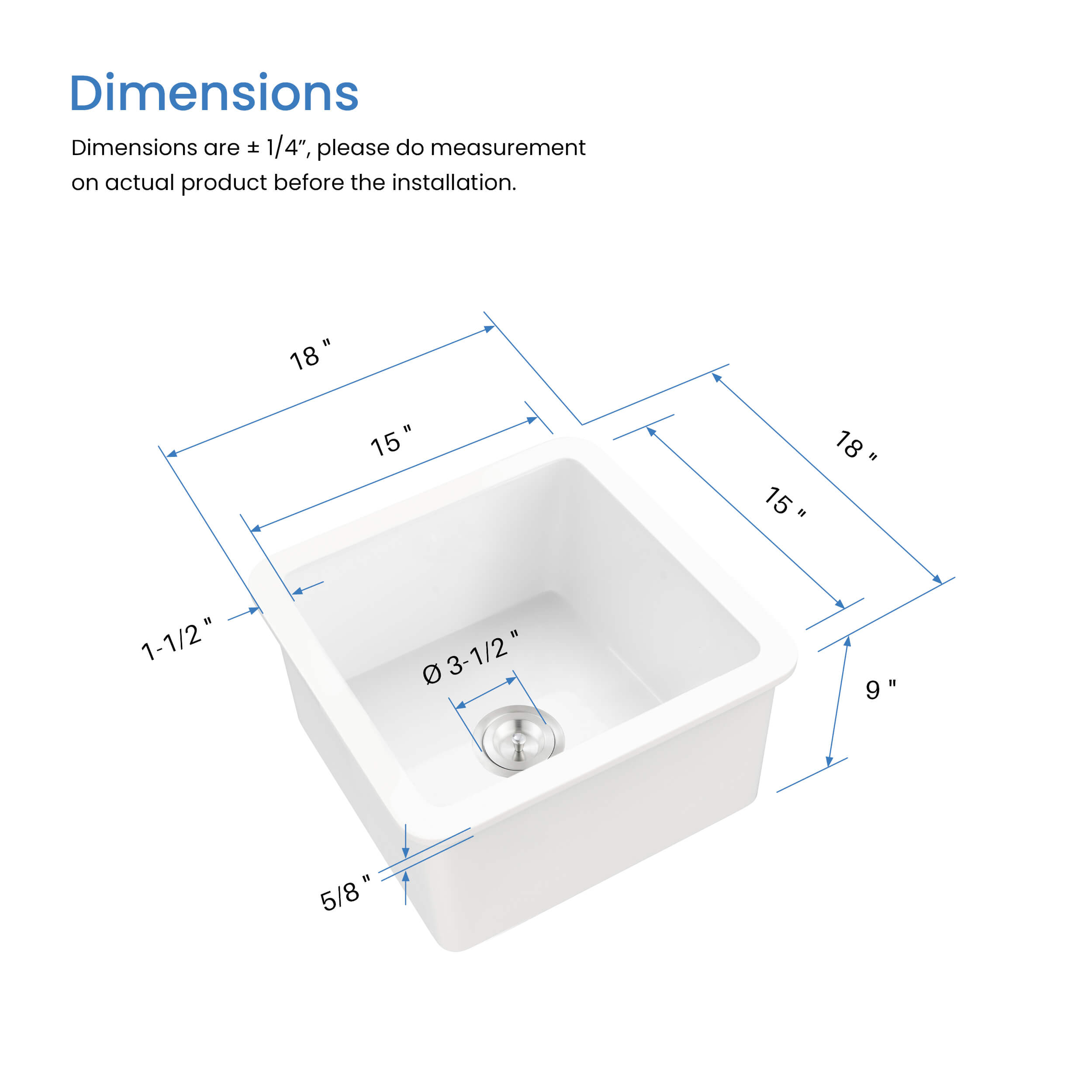 Cubic 18″ Undermounted Kitchen Fireclay Sink - K2-S18SQ