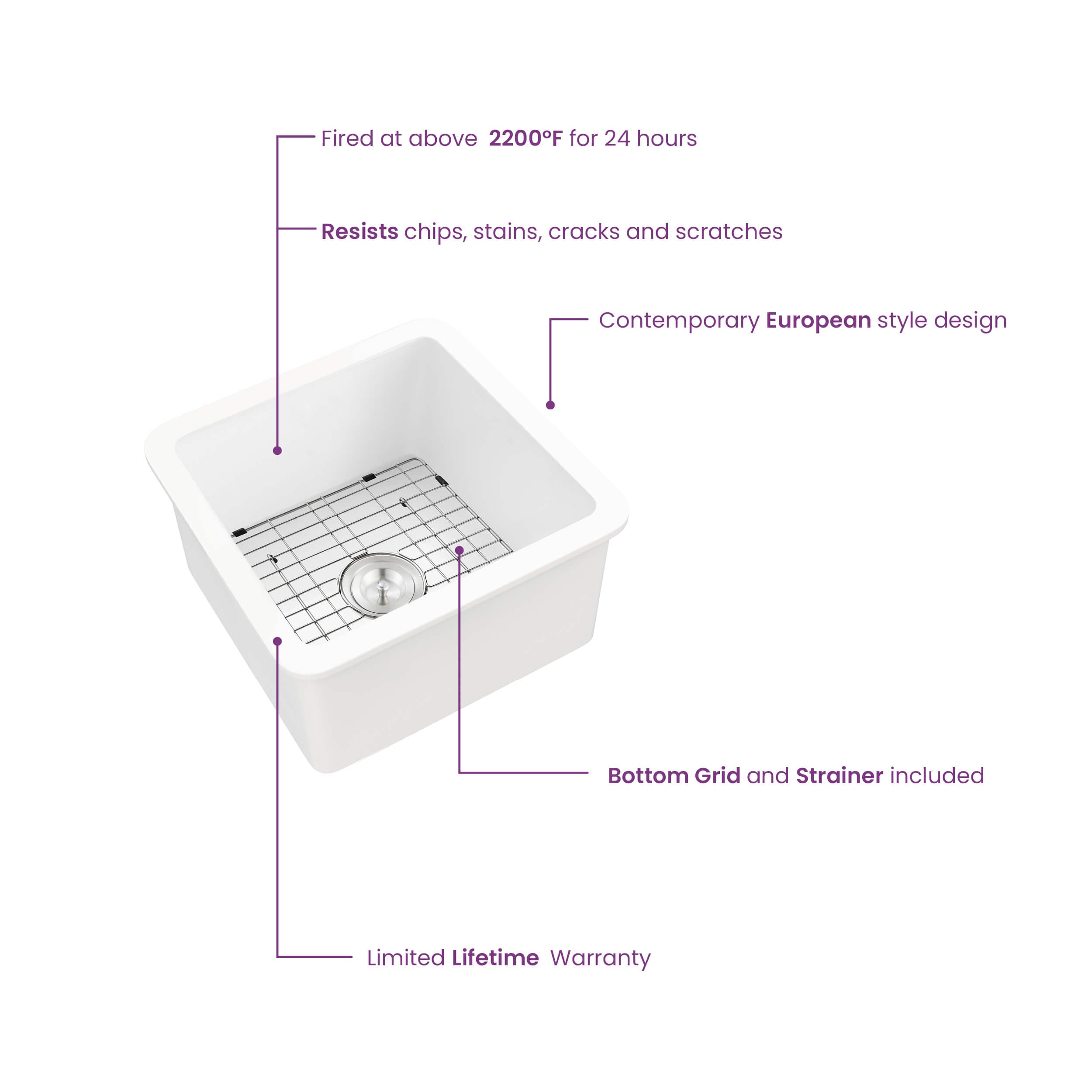 Cubic 18″ Undermounted Kitchen Fireclay Sink - K2-S18SQ