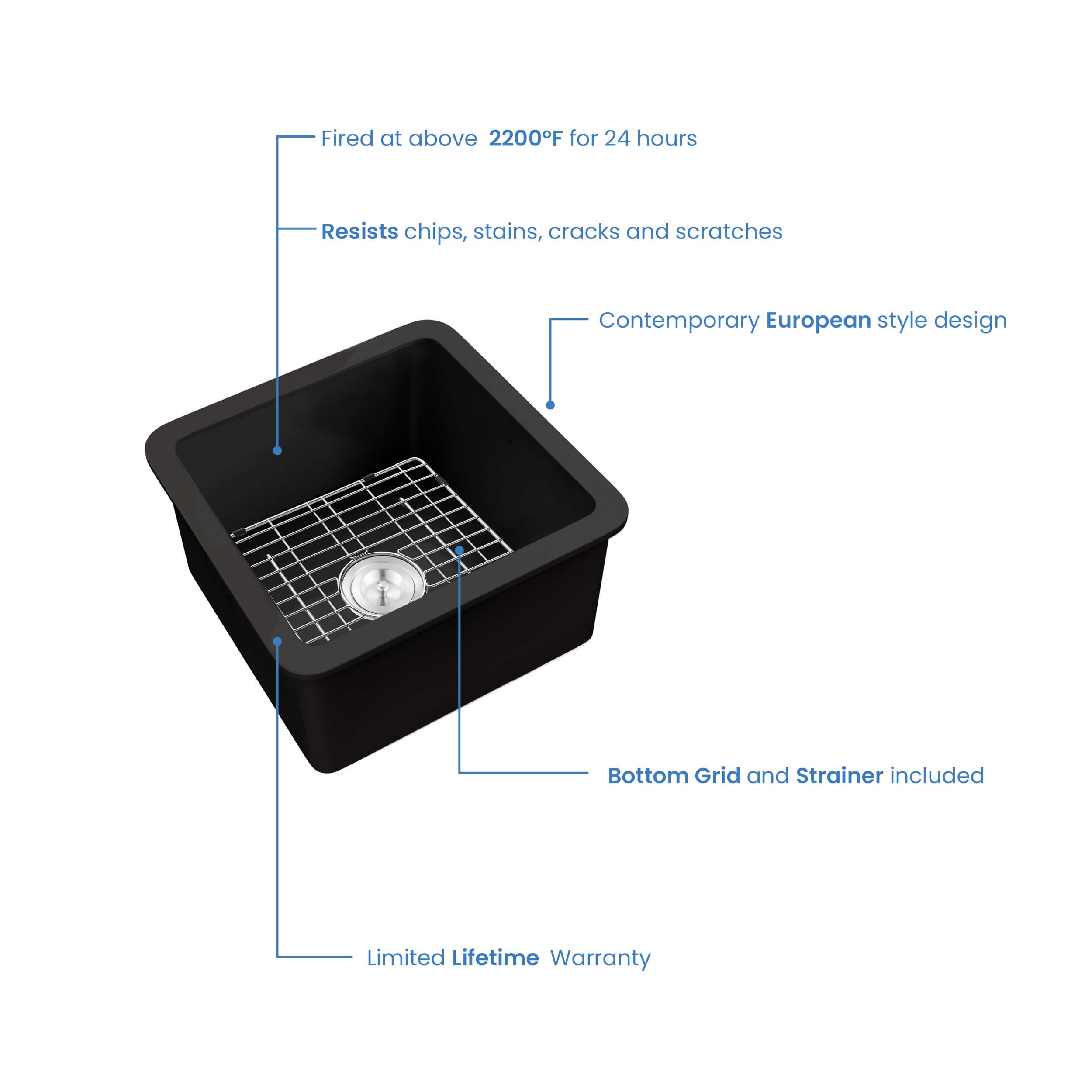 Pure 18″ Fireclay Kitchen Undermount Single Bowl Sink - K2-S18SQMB