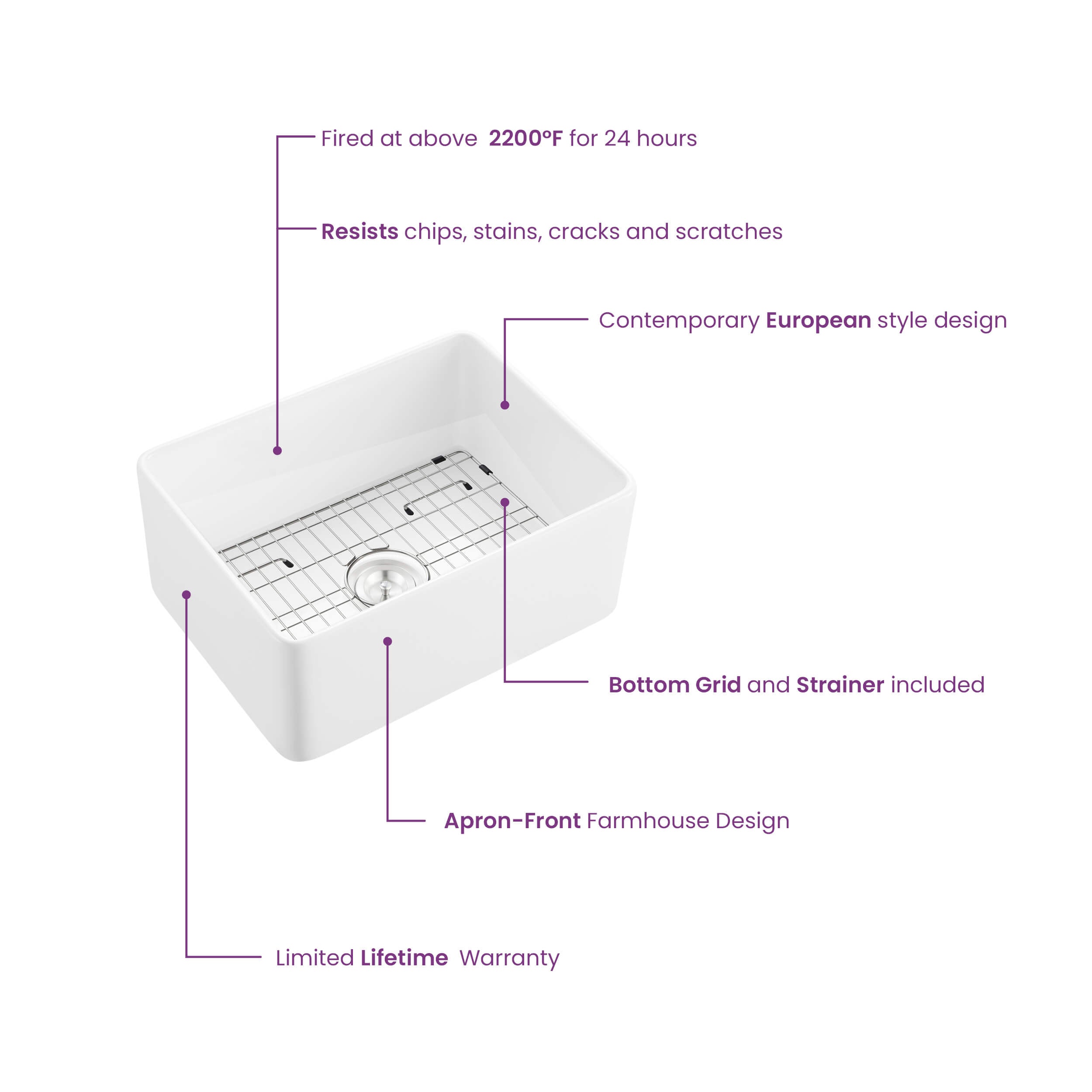 Pure 24″ Fireclay Kitchen Farmhouse Sink Single Bowl - K2-SF24