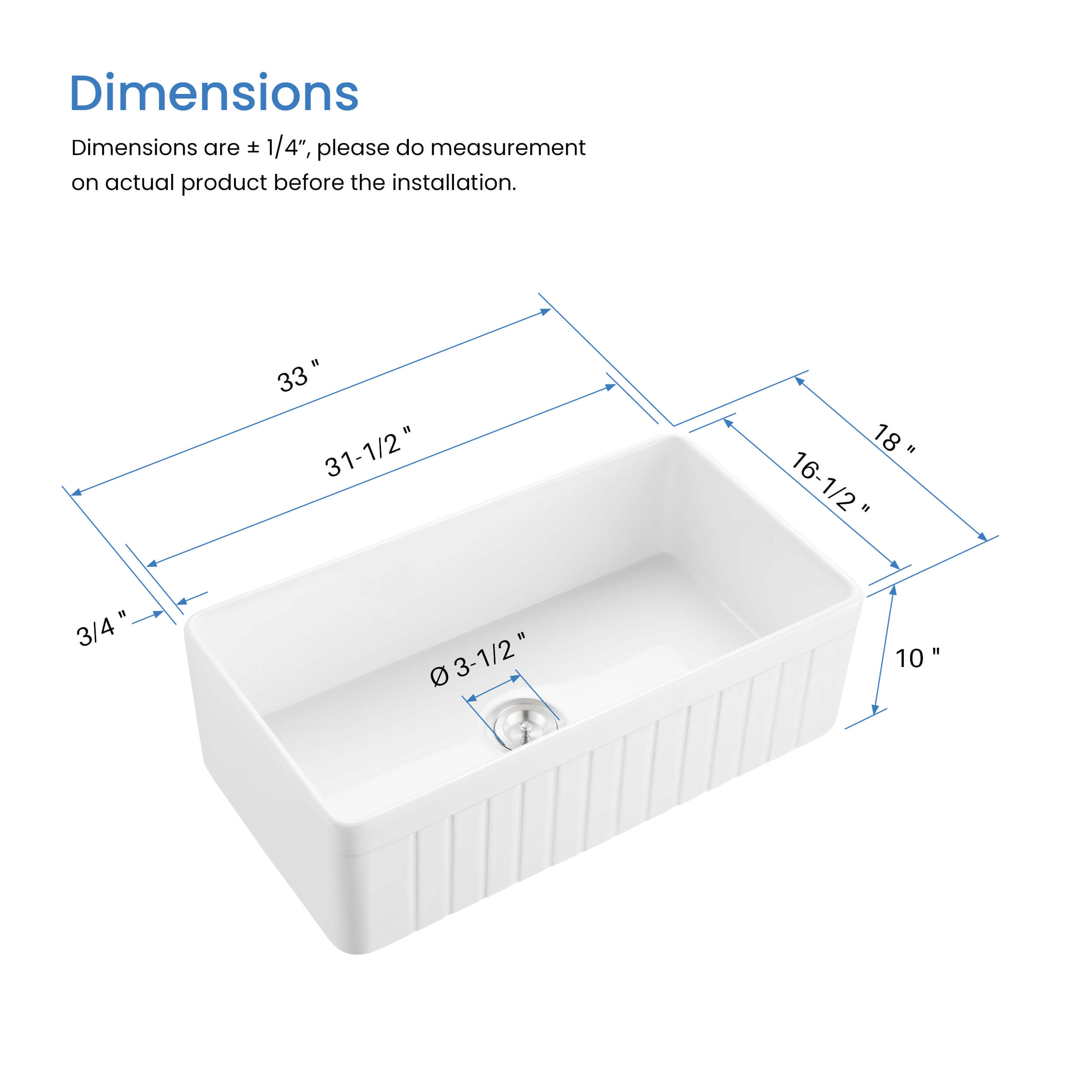 Pillar 33'' Farmhouse Kitchen Fireclay Sink - K2-SF33PI