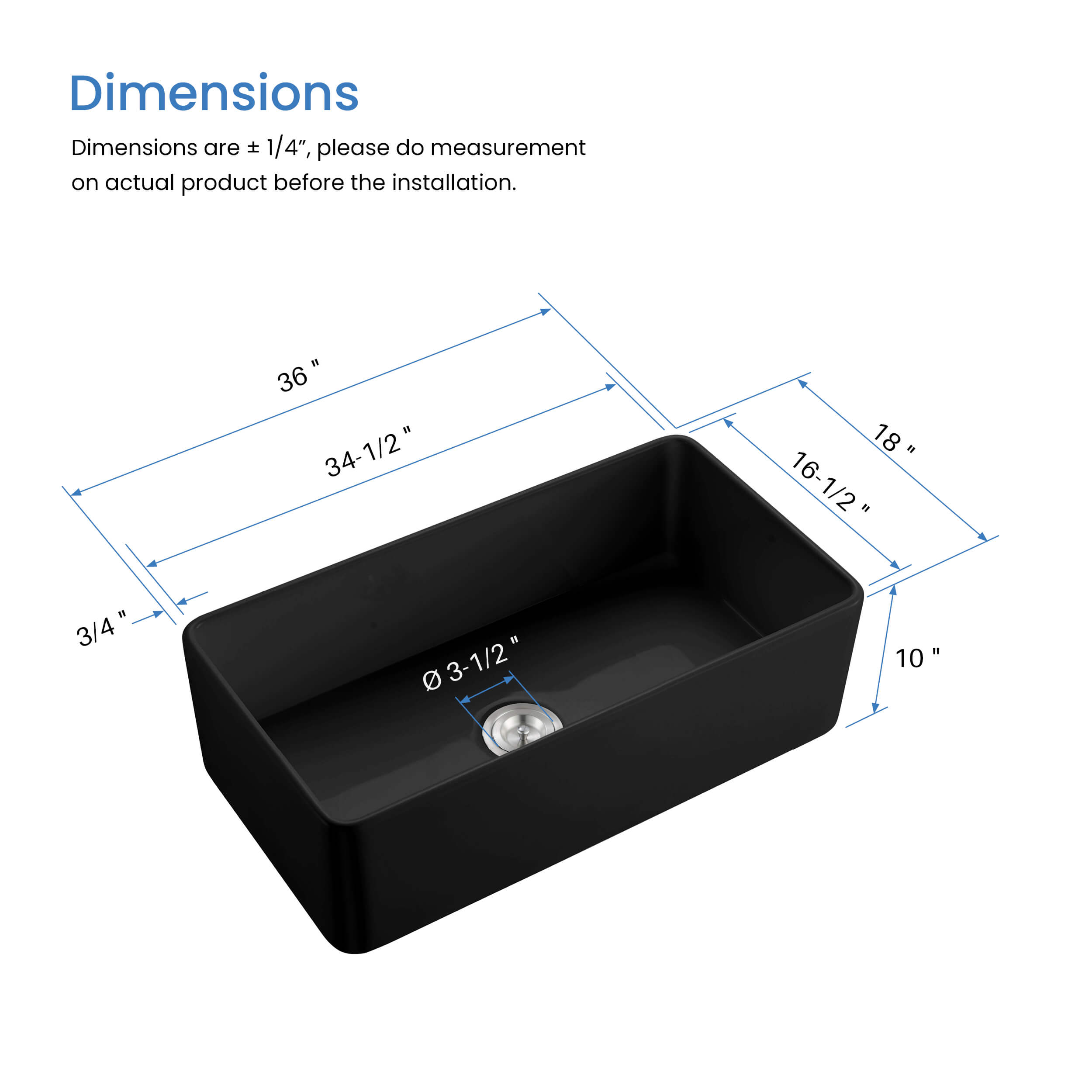 Pure 36″ Fireclay Kitchen Farmhouse Apron Front Single Bowl Sink – Matte Black – K2-SF36MB