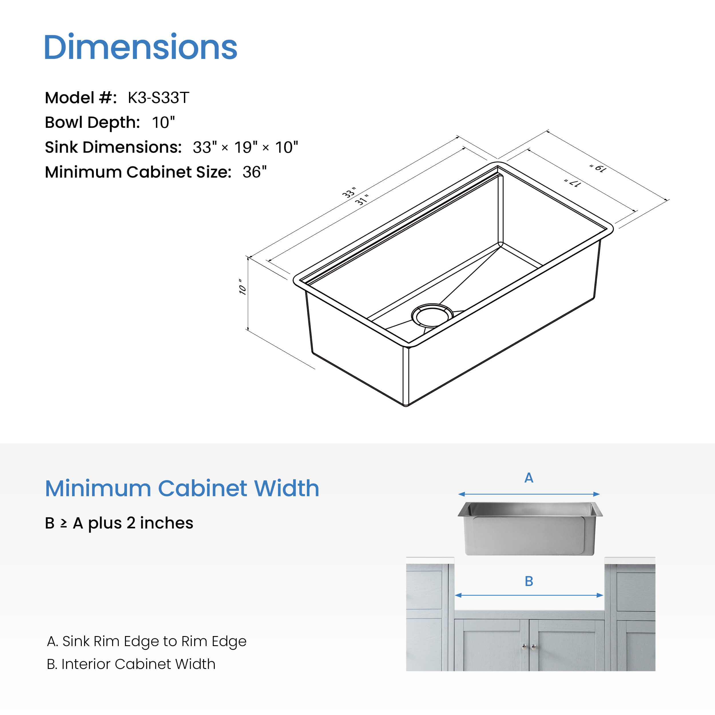 33″ Handcrafted 316 Marine Grade Stainless Steel 16 Gauge Single Bowl Workstation Undermount Kitchen Sink – K3-S33T