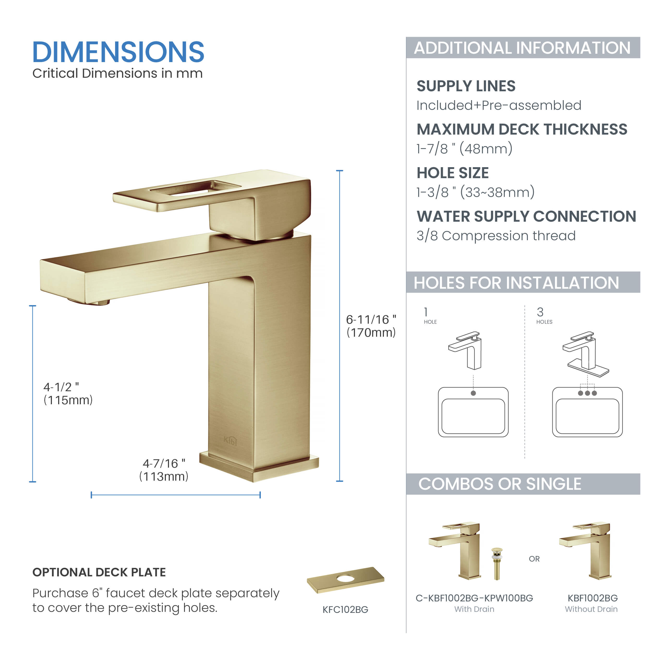 Cubic Brass Single Handle Bathroom Vanity Sink Faucet, Lavatory Sink Faucet - C-KBF1002-KPW100