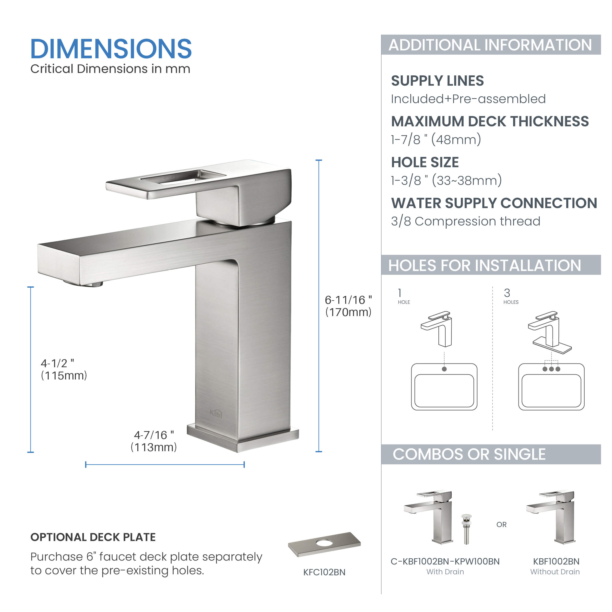 Cubic Brass Single Handle Bathroom Vanity Sink Faucet, Lavatory Sink Faucet - C-KBF1002-KPW100