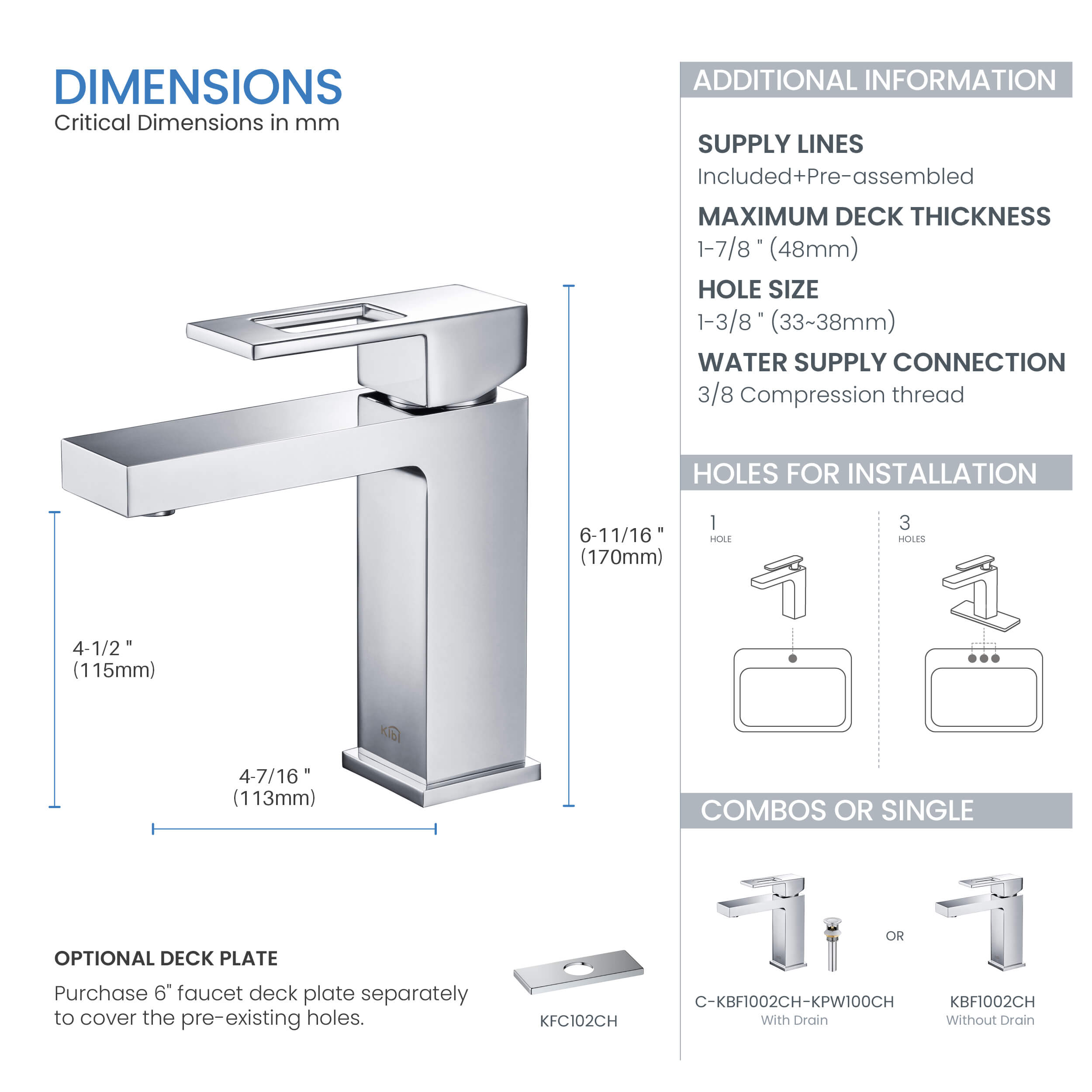 Cubic Brass Single Handle Bathroom Vanity Sink Faucet, Lavatory Sink Faucet - C-KBF1002-KPW100