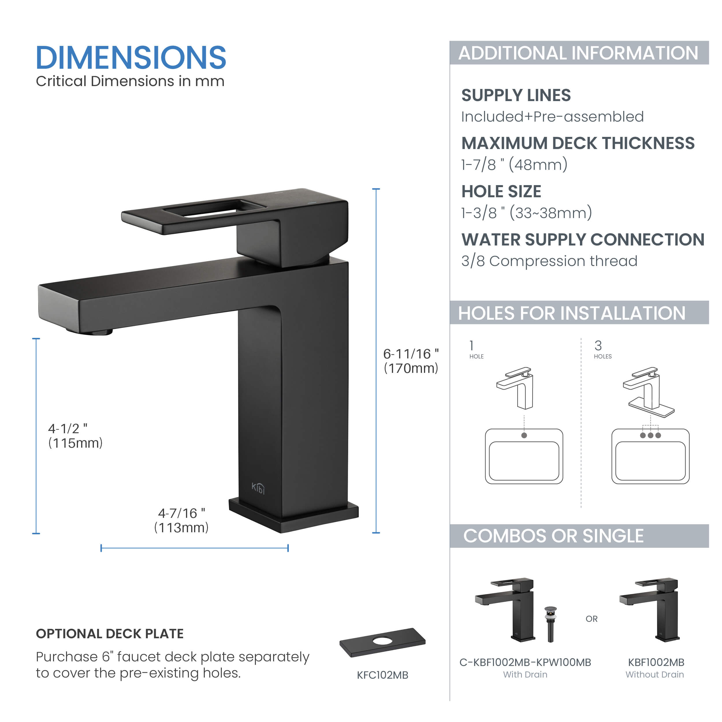 Cubic Brass Single Handle Bathroom Vanity Sink Faucet, Lavatory Sink Faucet - C-KBF1002-KPW100