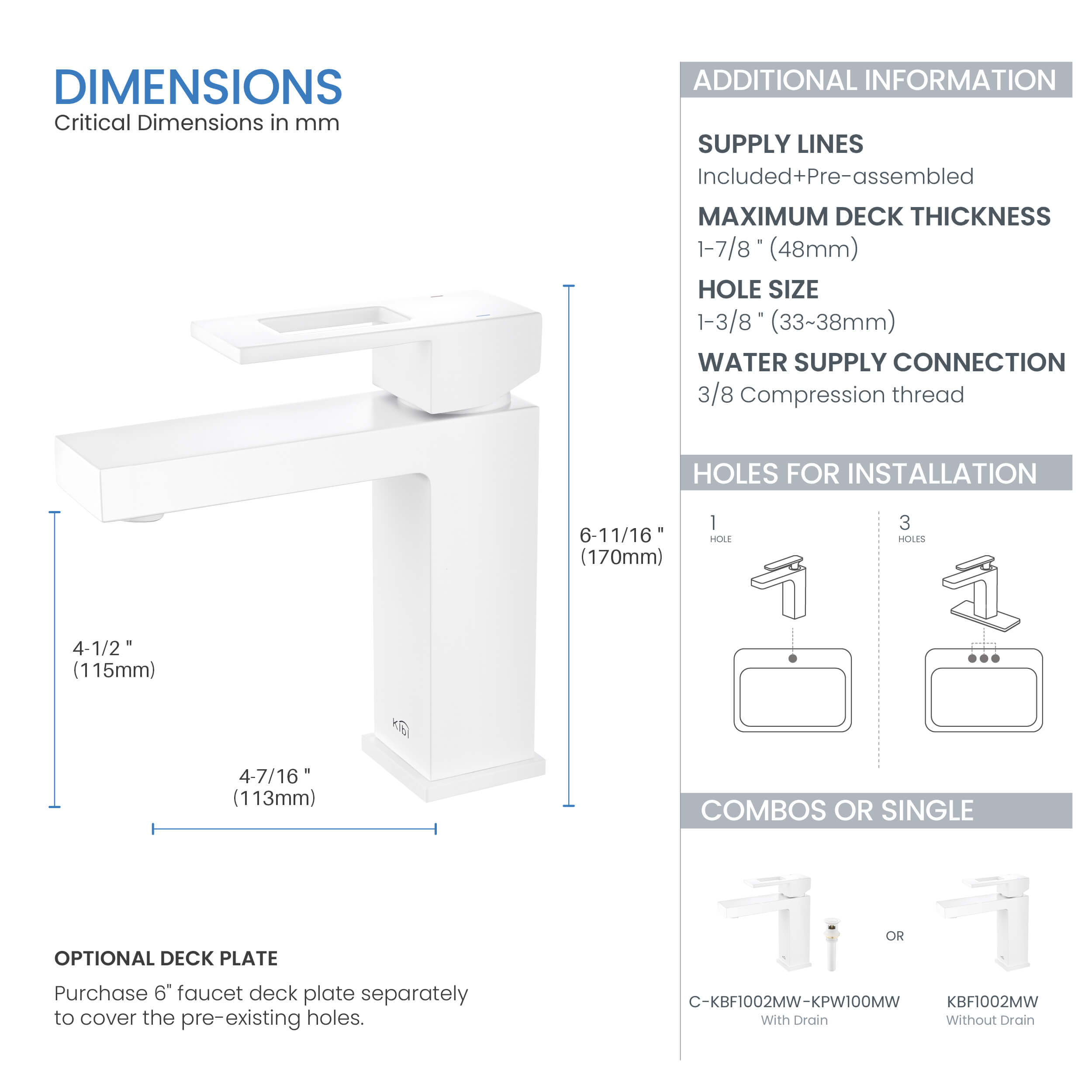 Cubic Brass Single Handle Bathroom Vanity Sink Faucet, Lavatory Sink Faucet - C-KBF1002-KPW100