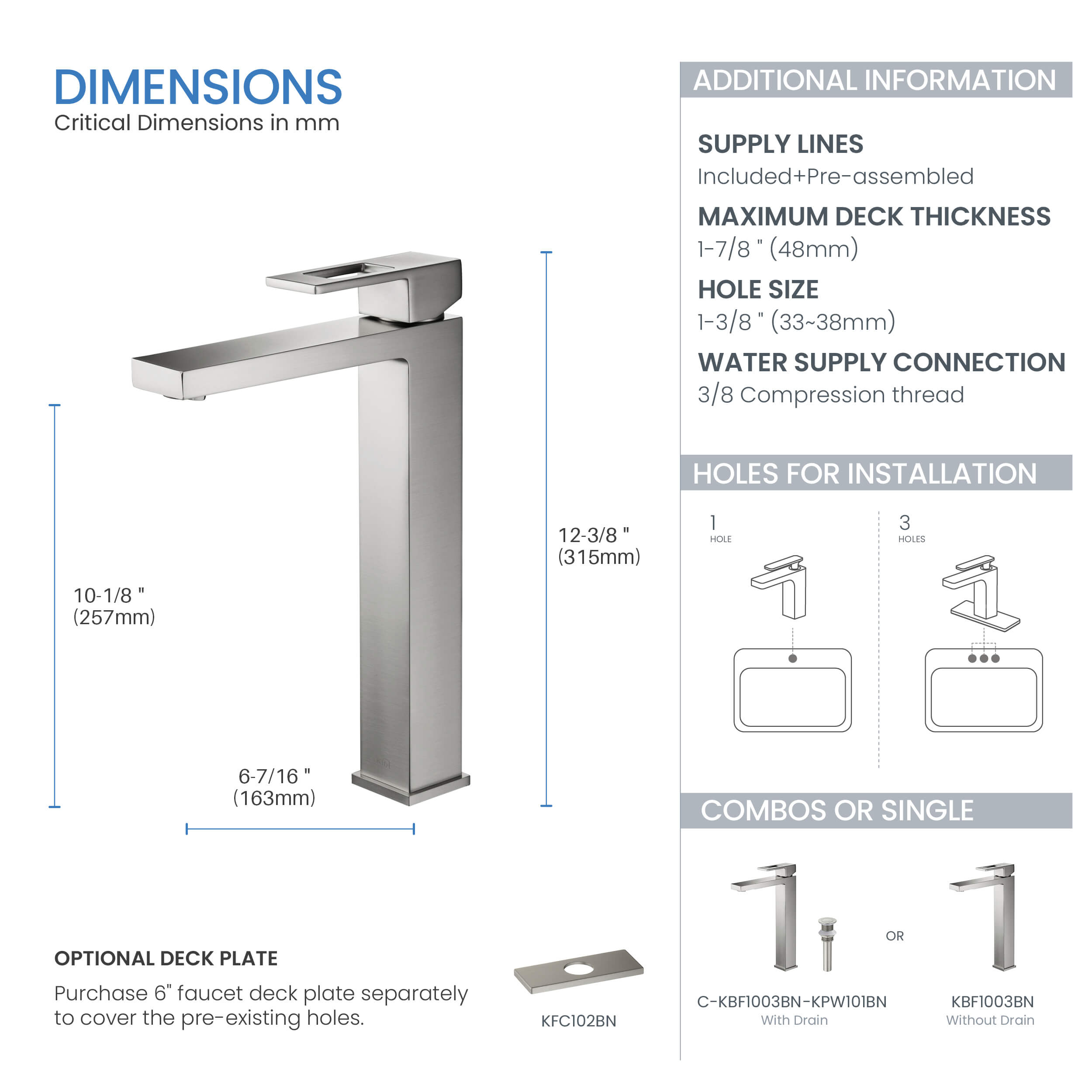 Cubic Brass Single Handle Bathroom Vessel Sink Faucet - C-KBF1003-KPW101