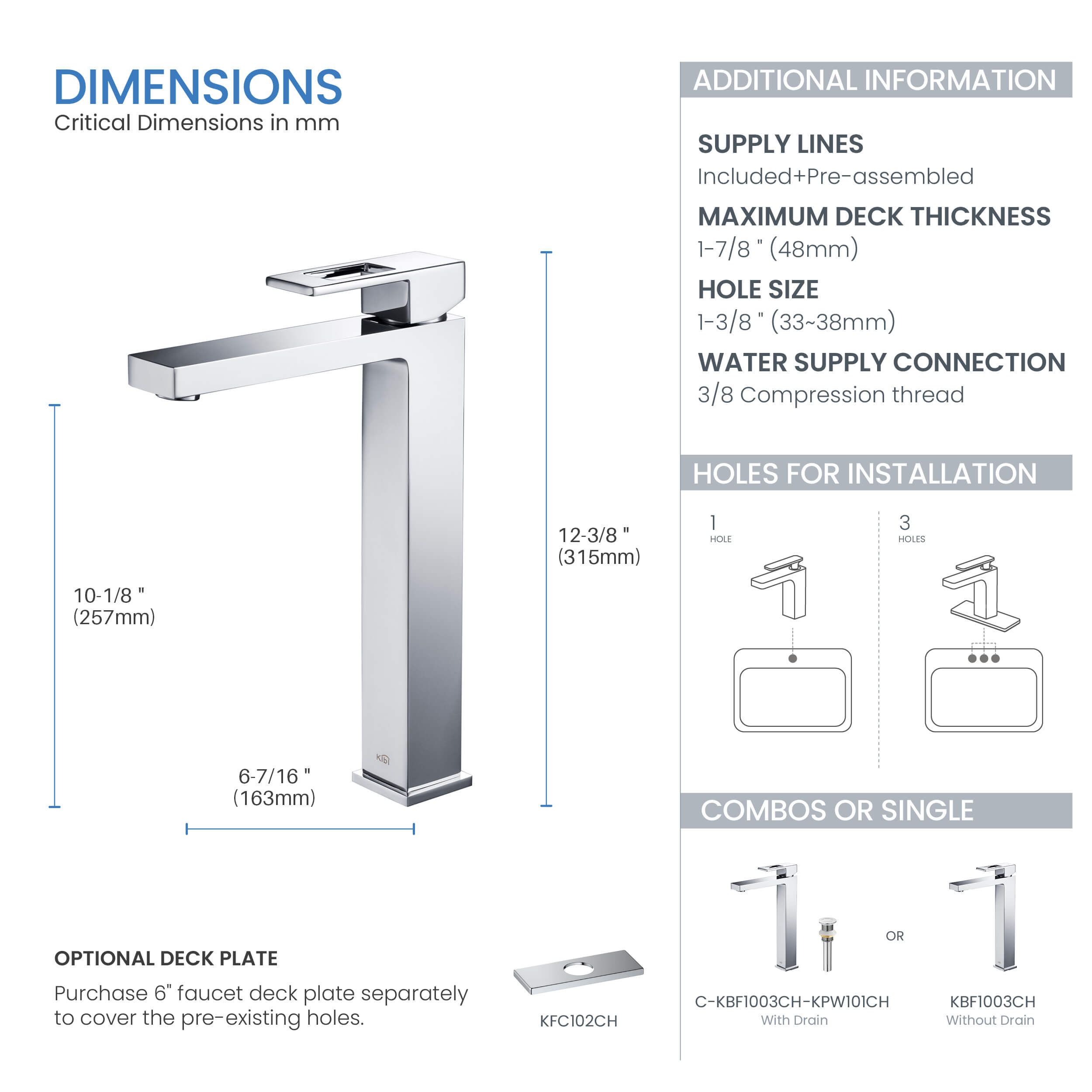 Cubic Brass Single Handle Bathroom Vessel Sink Faucet - C-KBF1003-KPW101