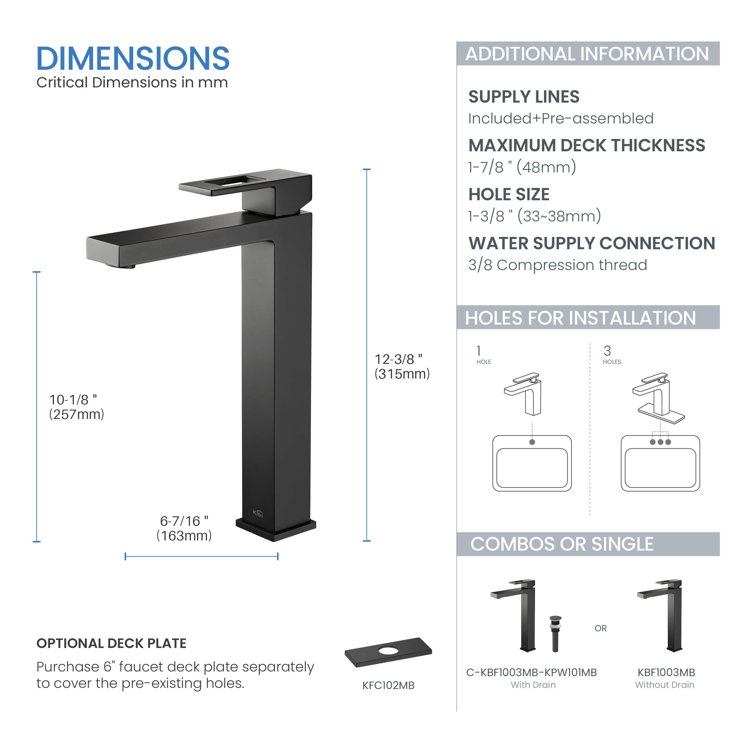 Cubic Brass Single Handle Bathroom Vessel Sink Faucet - C-KBF1003-KPW101