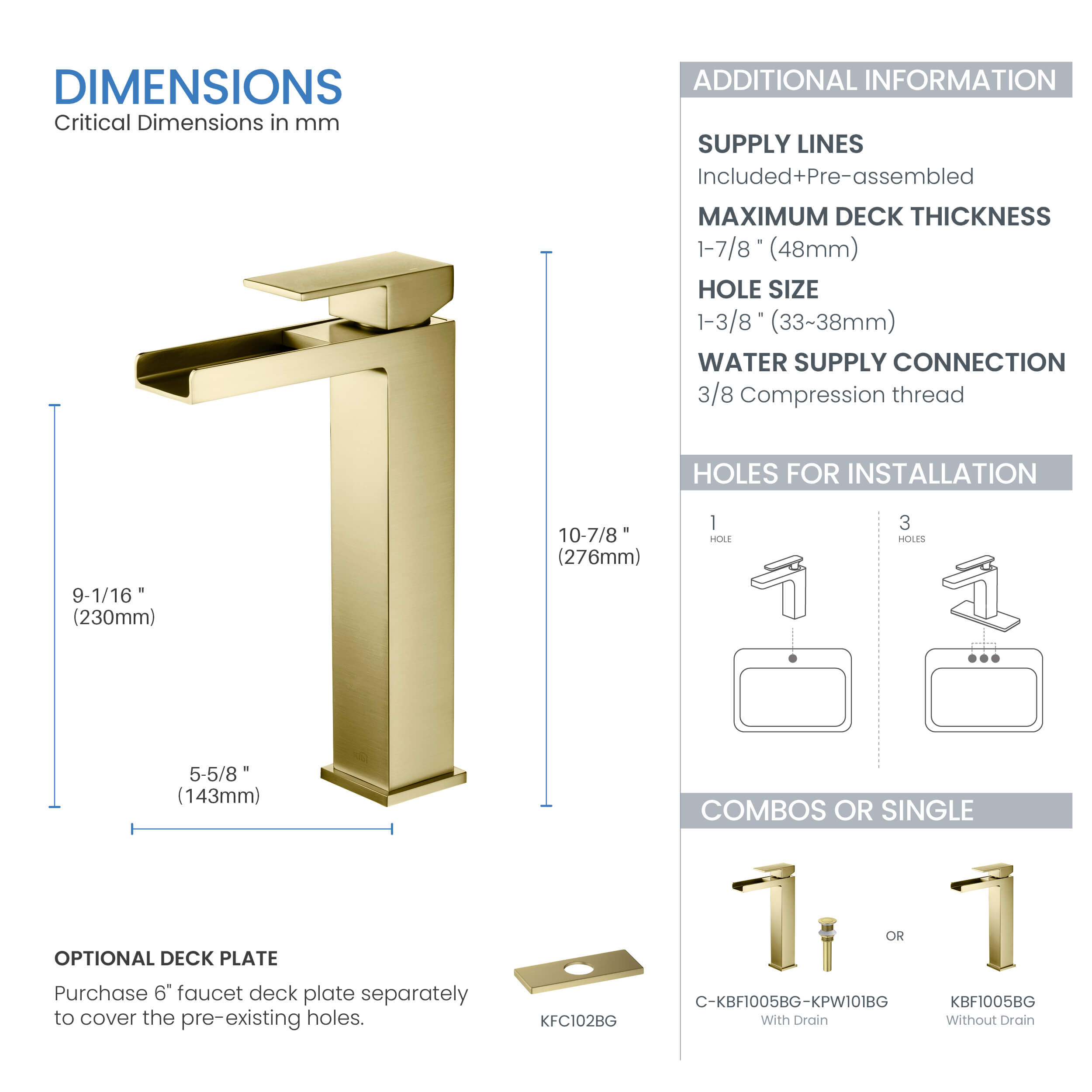 KIBI Waterfall Brass Single Handle Bathroom Vessel Sink Faucet - C-KBF1005-KPW101