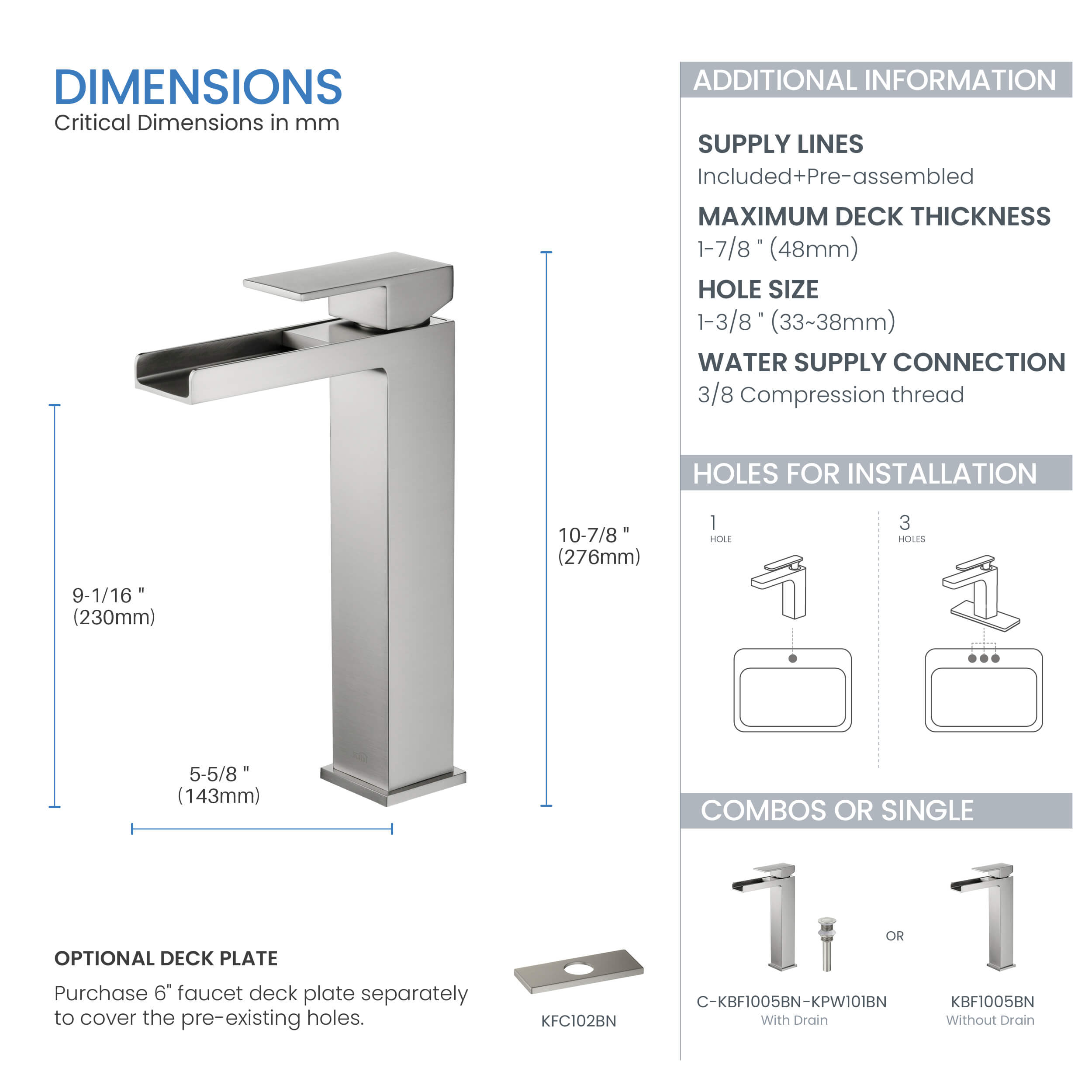 KIBI Waterfall Brass Single Handle Bathroom Vessel Sink Faucet - C-KBF1005-KPW101