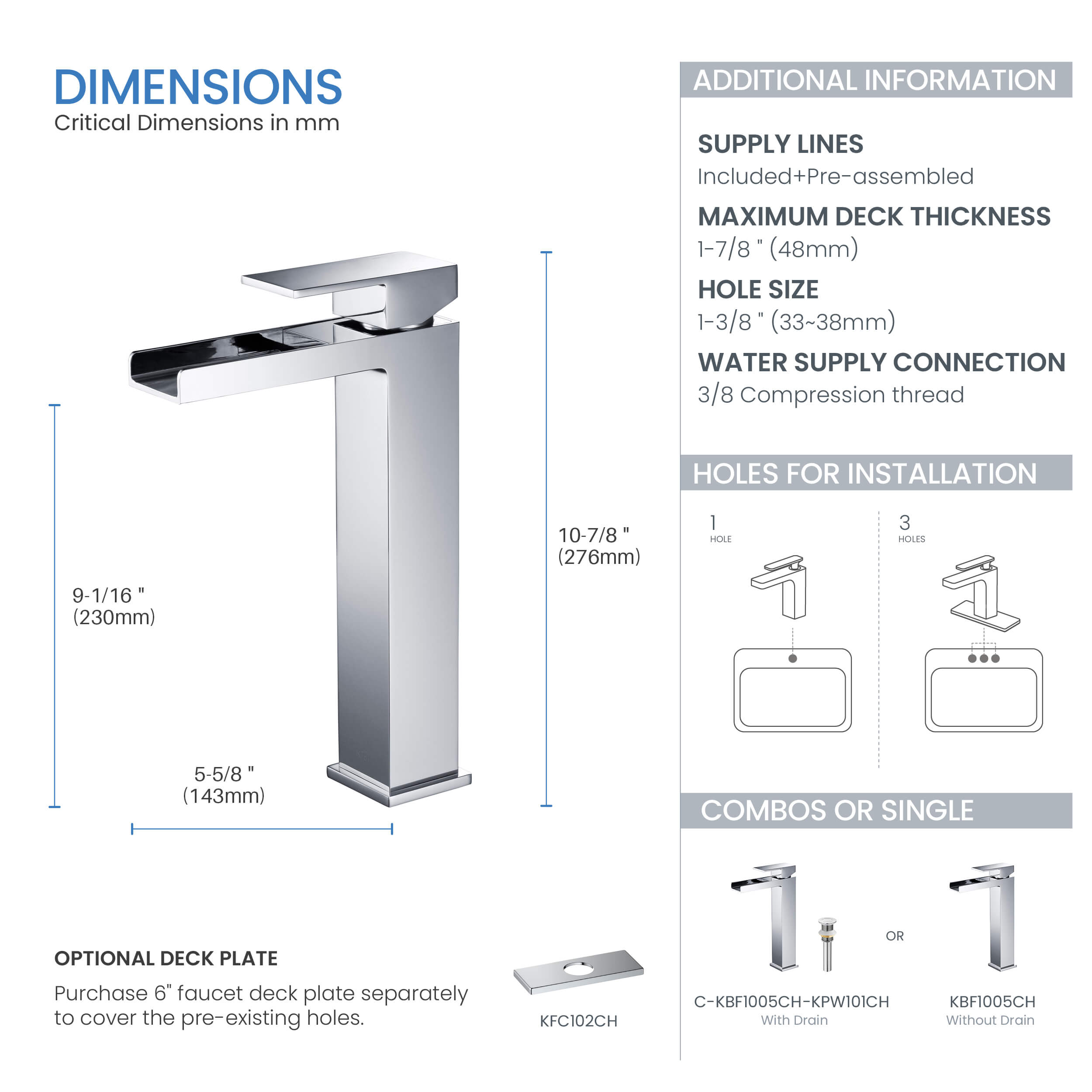 KIBI Waterfall Brass Single Handle Bathroom Vessel Sink Faucet - C-KBF1005-KPW101