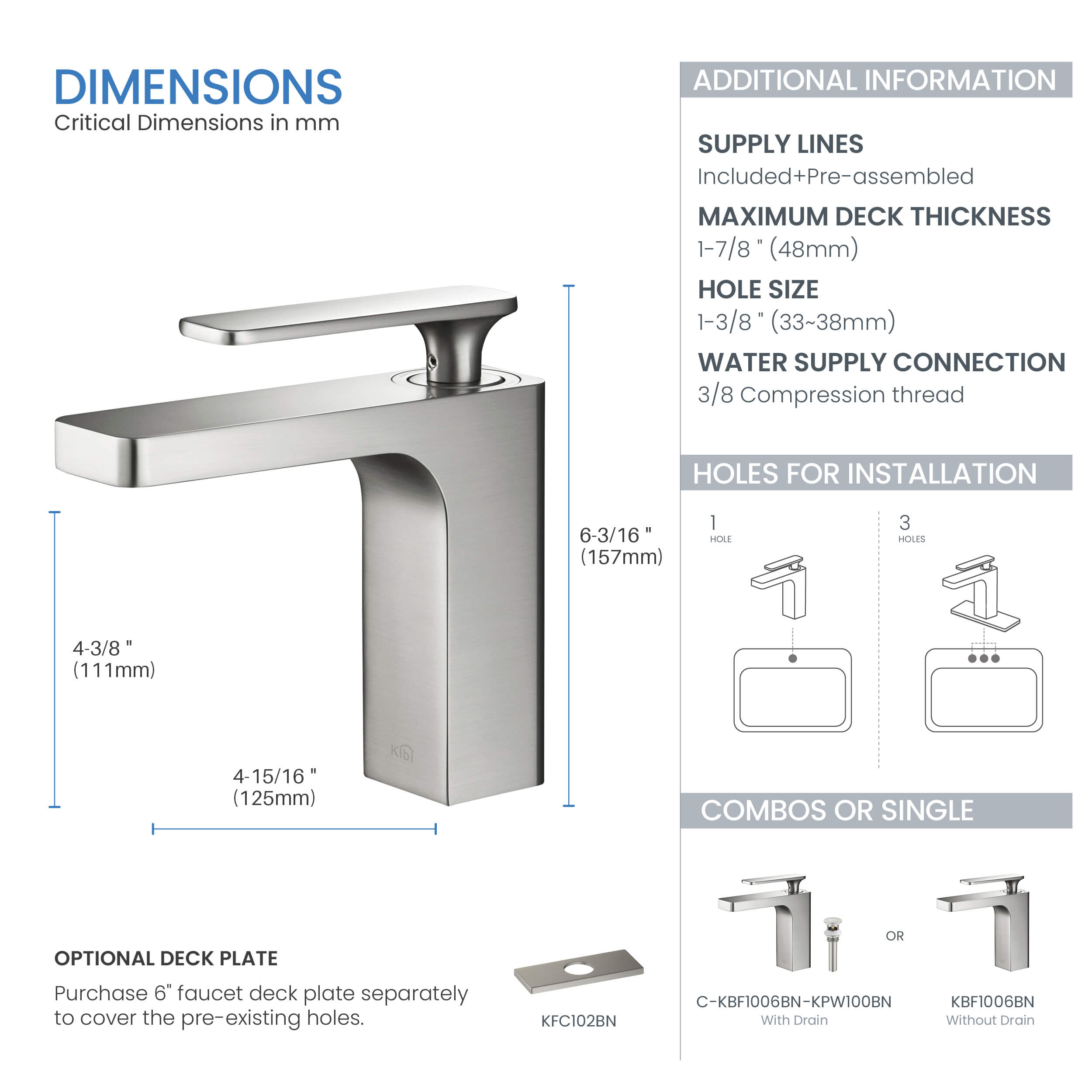 KIBI Infinity Brass Single Handle Bathroom Vanity Sink Faucet - C-KBF1006-KPW100