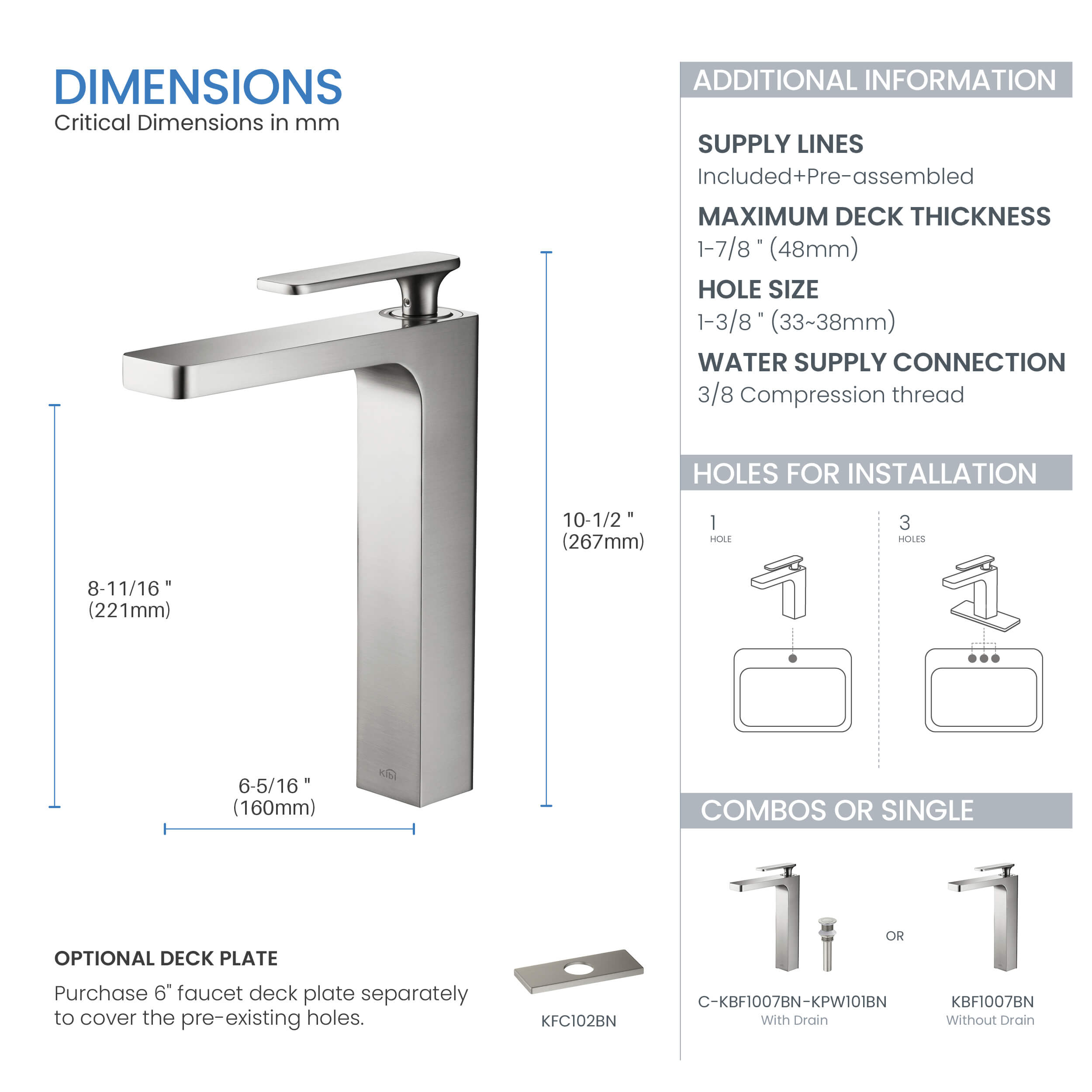 KIBI Infinity Brass Single Handle Bathroom Vessel Sink Faucet - C-KBF1007-KPW101