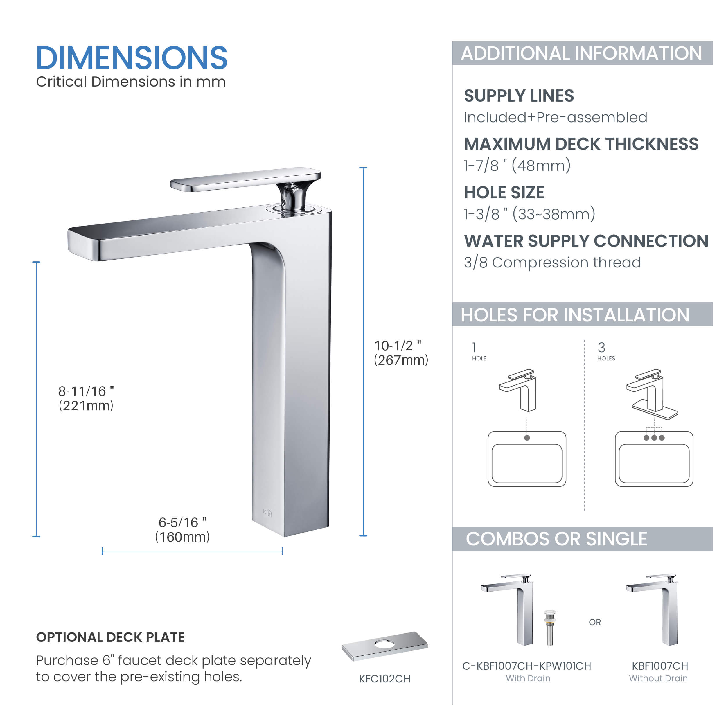 KIBI Infinity Brass Single Handle Bathroom Vessel Sink Faucet - C-KBF1007-KPW101