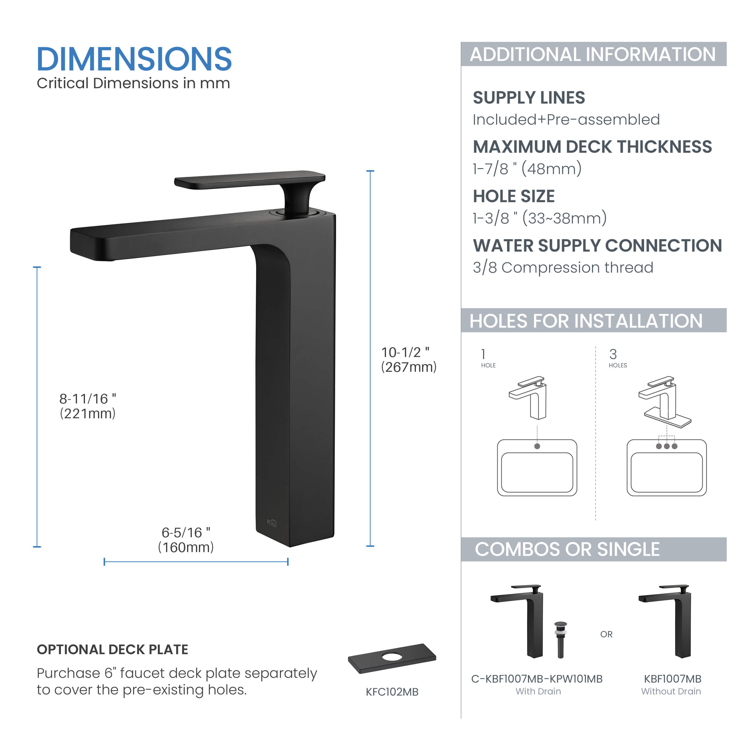 KIBI Infinity Brass Single Handle Bathroom Vessel Sink Faucet - C-KBF1007-KPW101