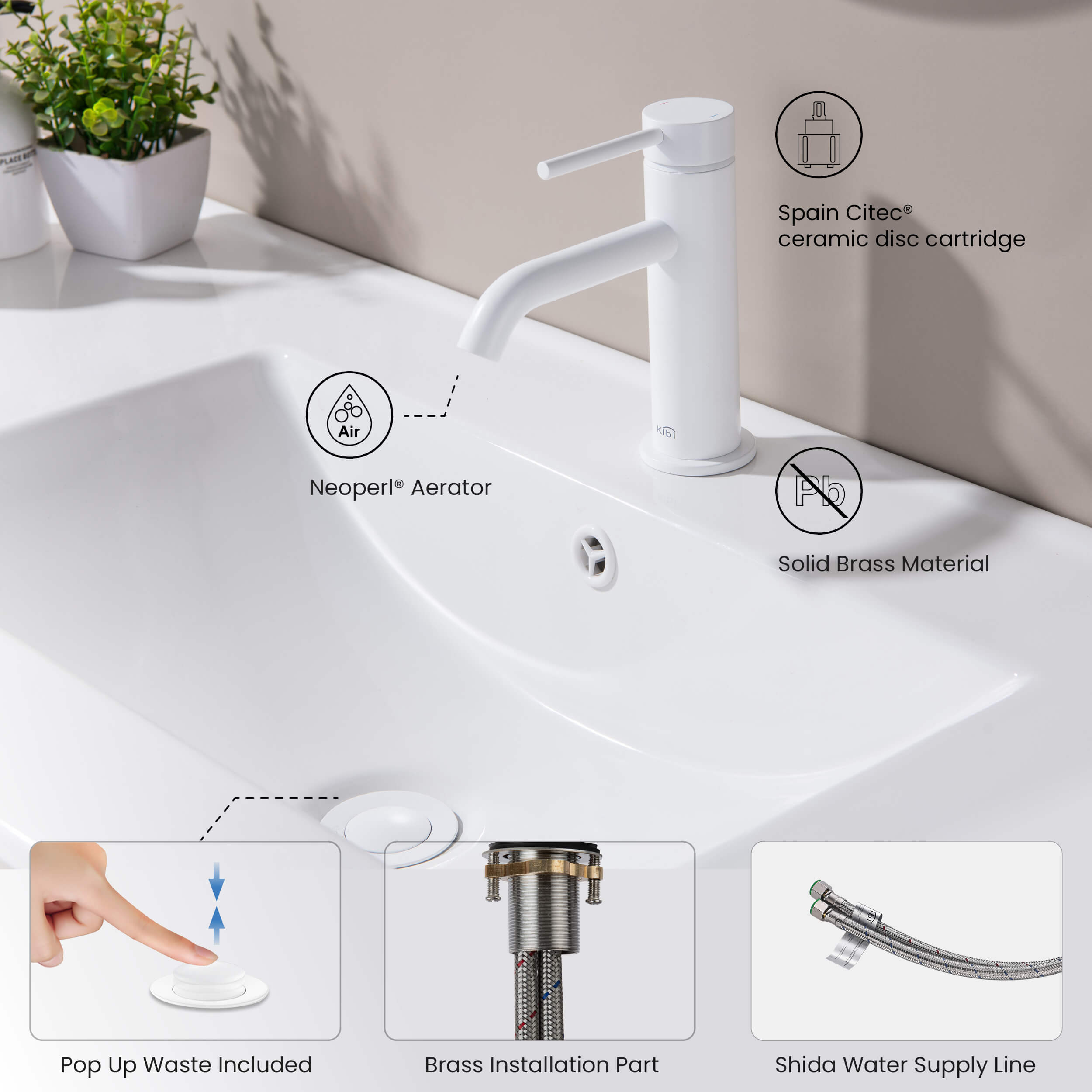 KIBI Circular Brass Single Handle Bathroom Vanity Sink Faucet - C-KBF1008-KPW100