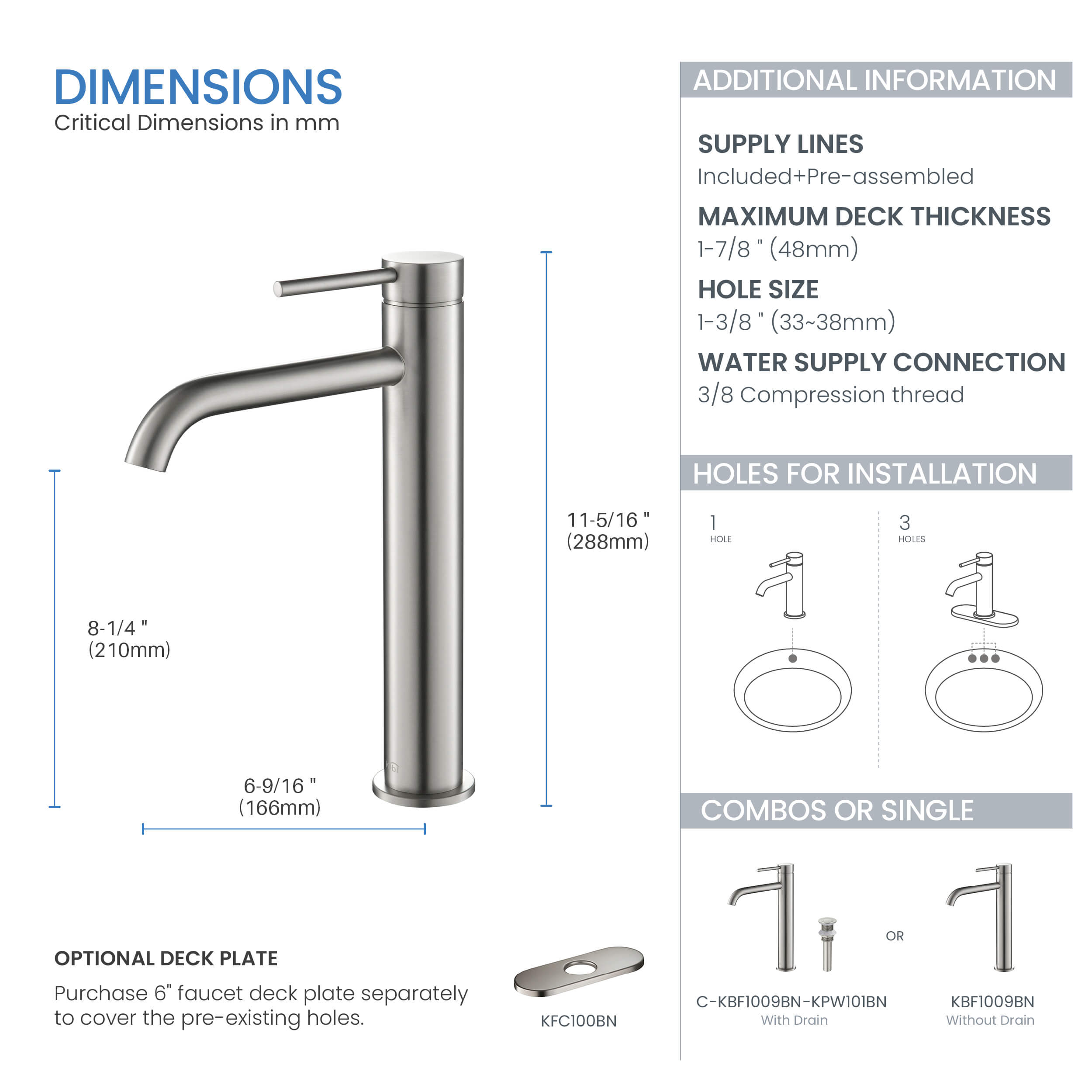 Circular Single Handle Bathroom Vessel Sink Faucet with Pop Up Drain C-KBF1009-KPW101