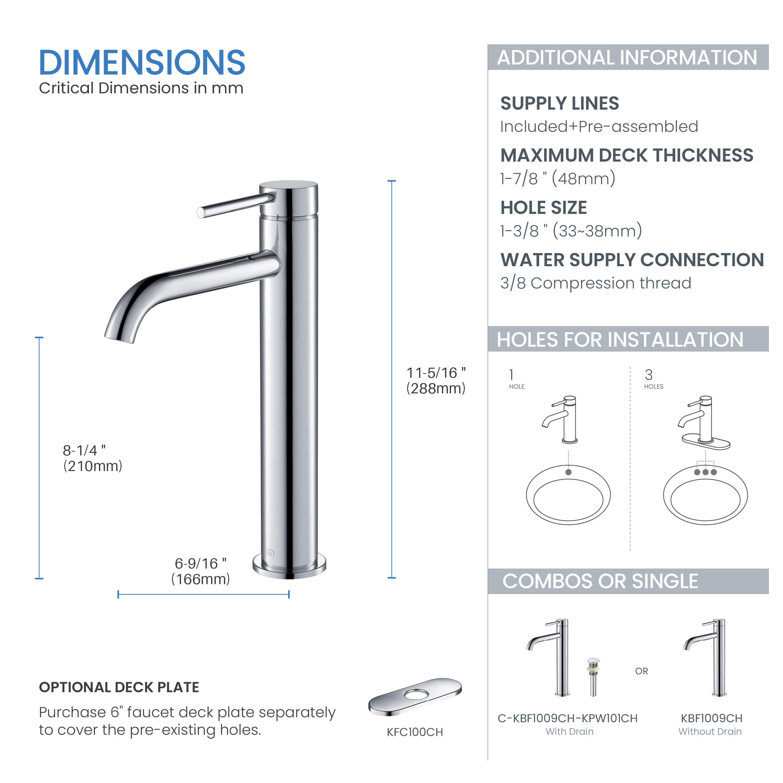 Circular Single Handle Bathroom Vessel Sink Faucet with Pop Up Drain C-KBF1009-KPW101