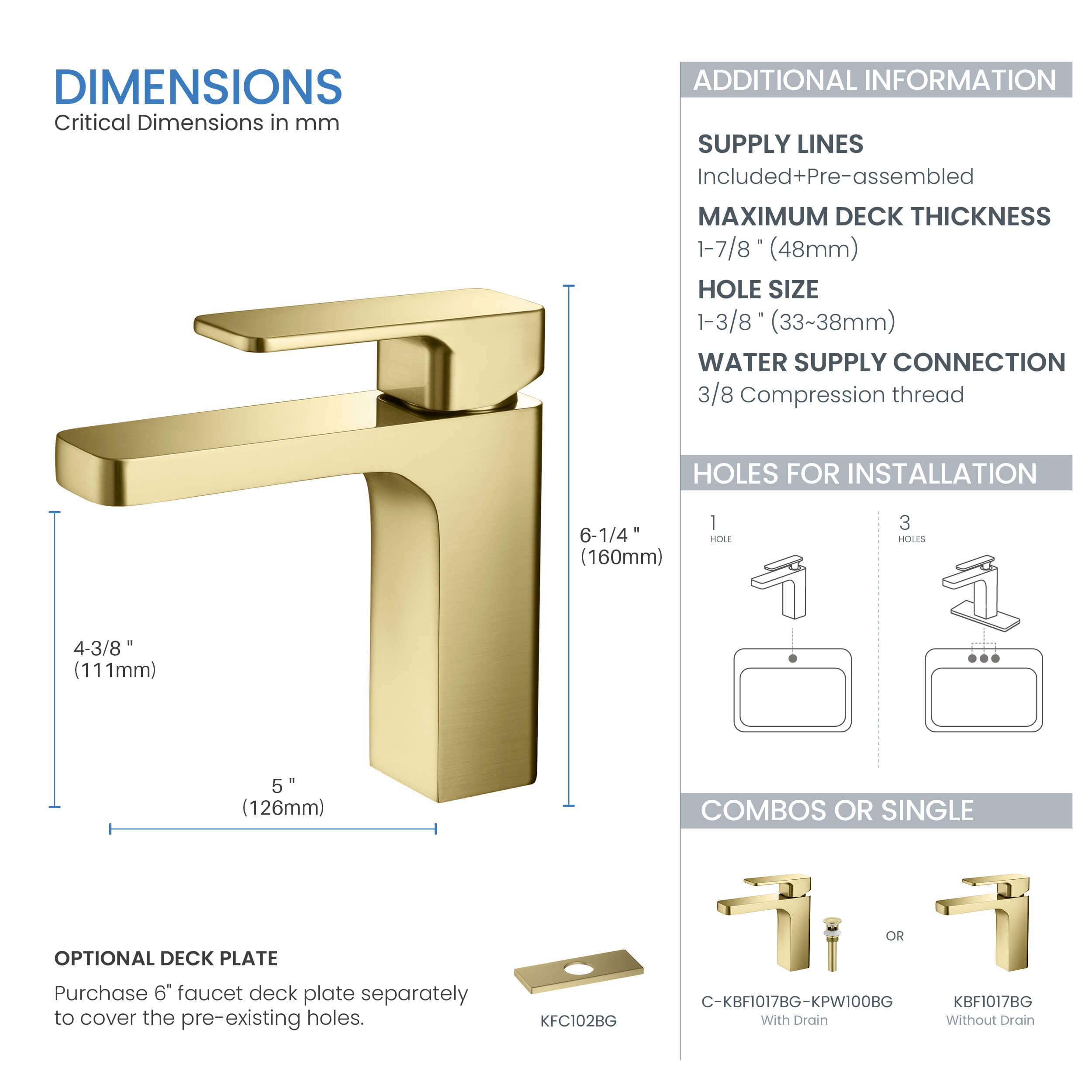 Blaze Single Handle Bathroom Vanity Sink Faucet with Pop Up Drain C-KBF1017-KPW100