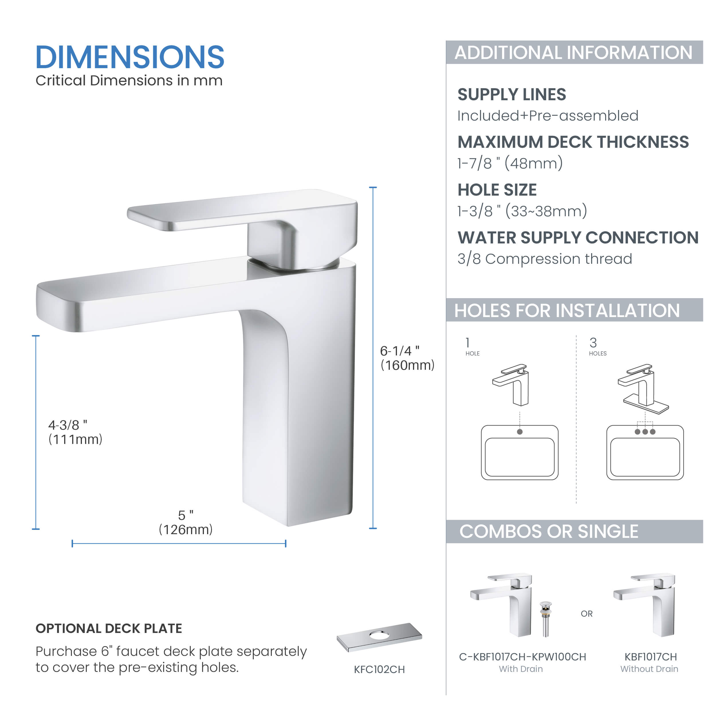 Blaze Single Handle Bathroom Vanity Sink Faucet with Pop Up Drain C-KBF1017-KPW100