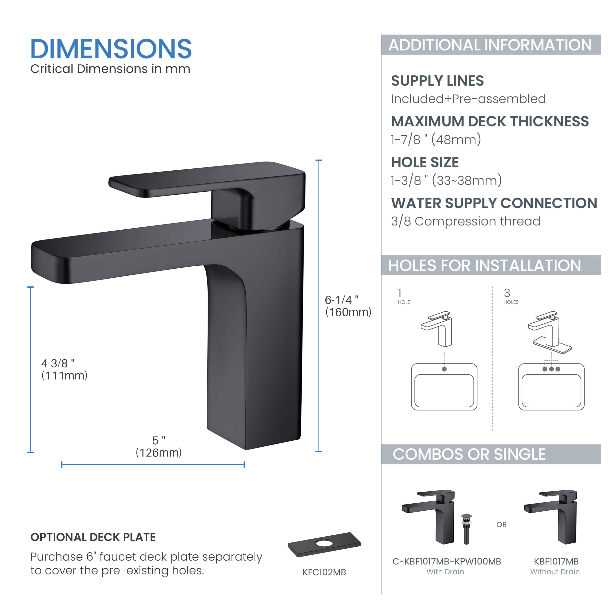 Blaze Single Handle Bathroom Vanity Sink Faucet with Pop Up Drain C-KBF1017-KPW100