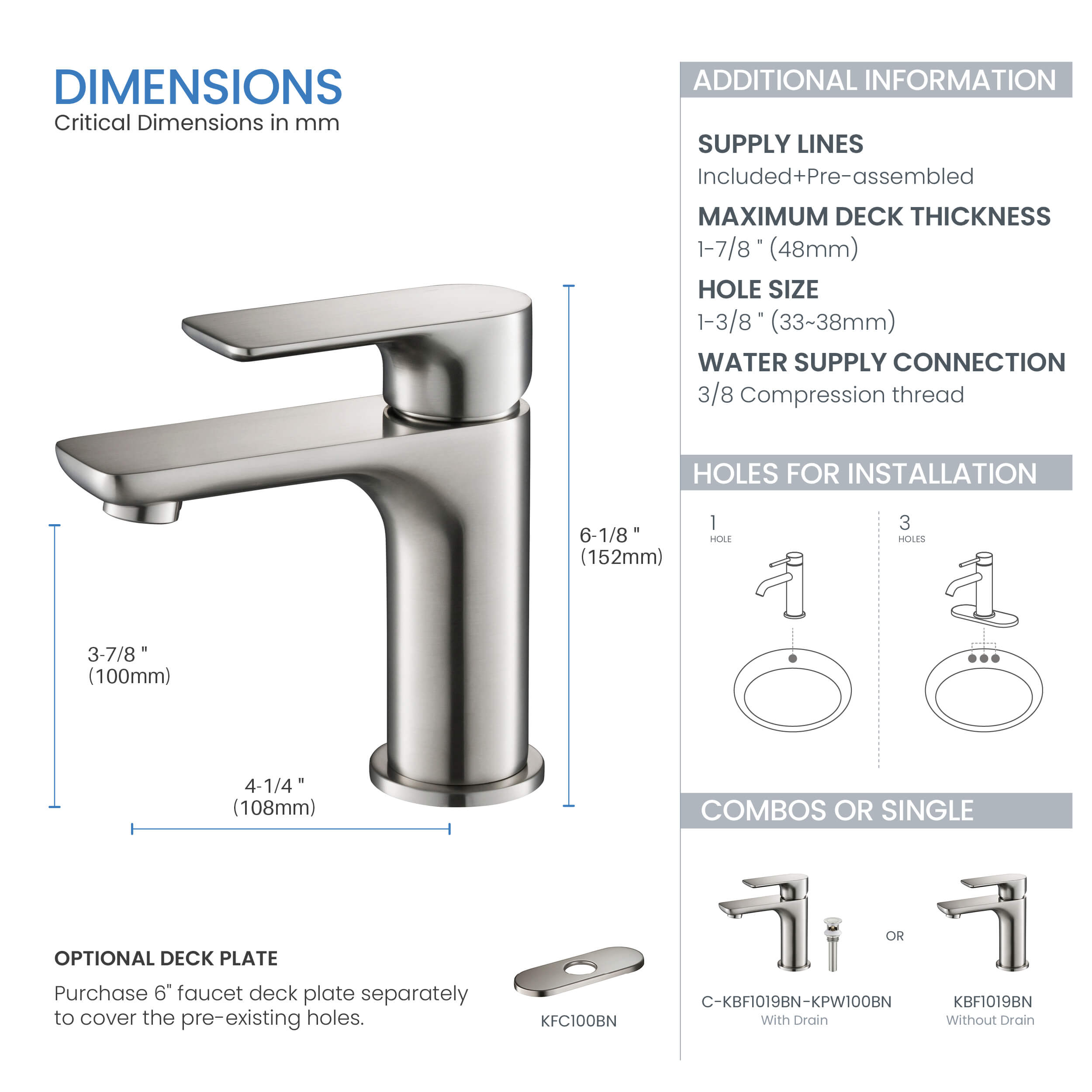 Tender Single Handle Bathroom Vanity Sink Faucet with Pop Up Drain C-KBF1019-KPW100