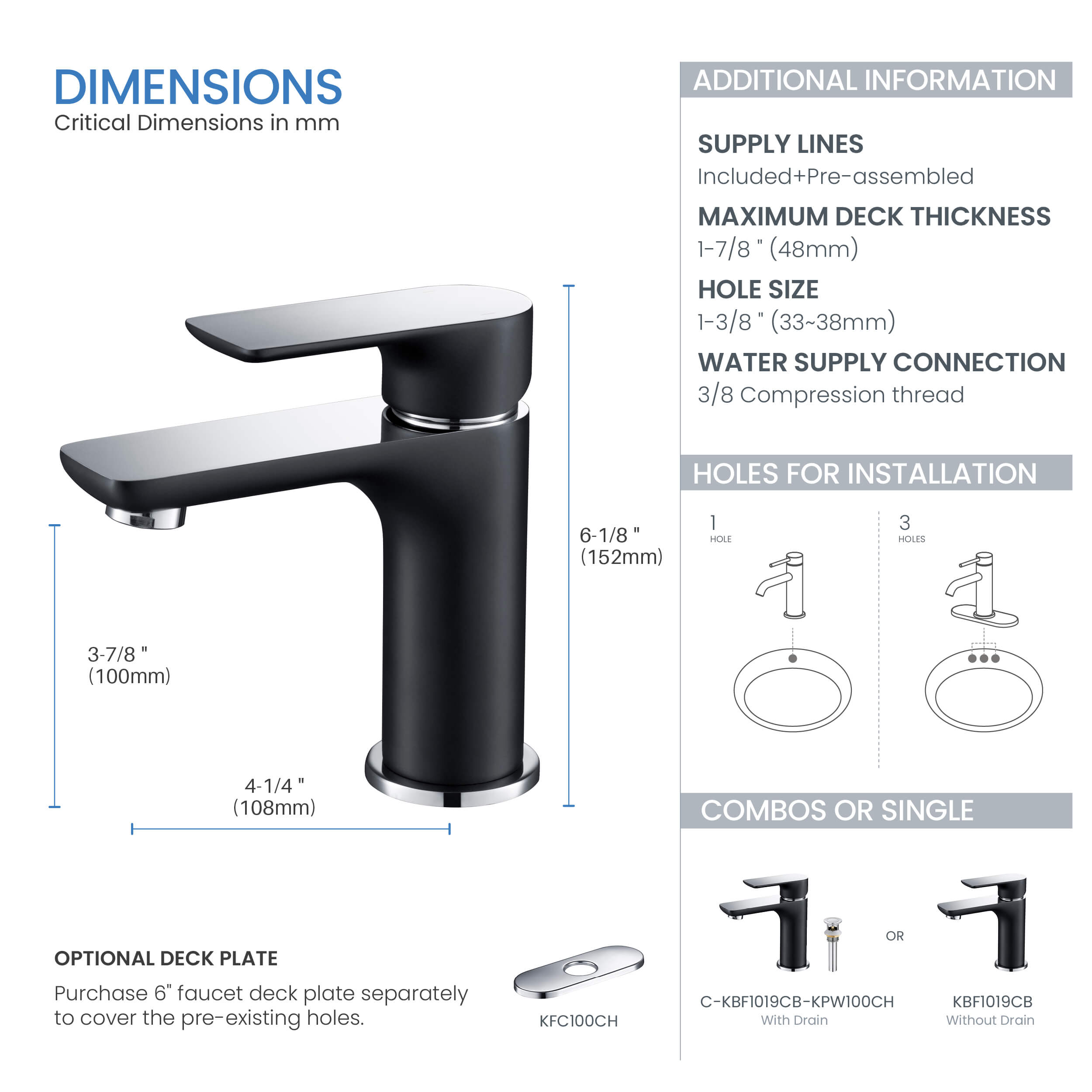 Tender Single Handle Bathroom Vanity Sink Faucet with Pop Up Drain C-KBF1019-KPW100