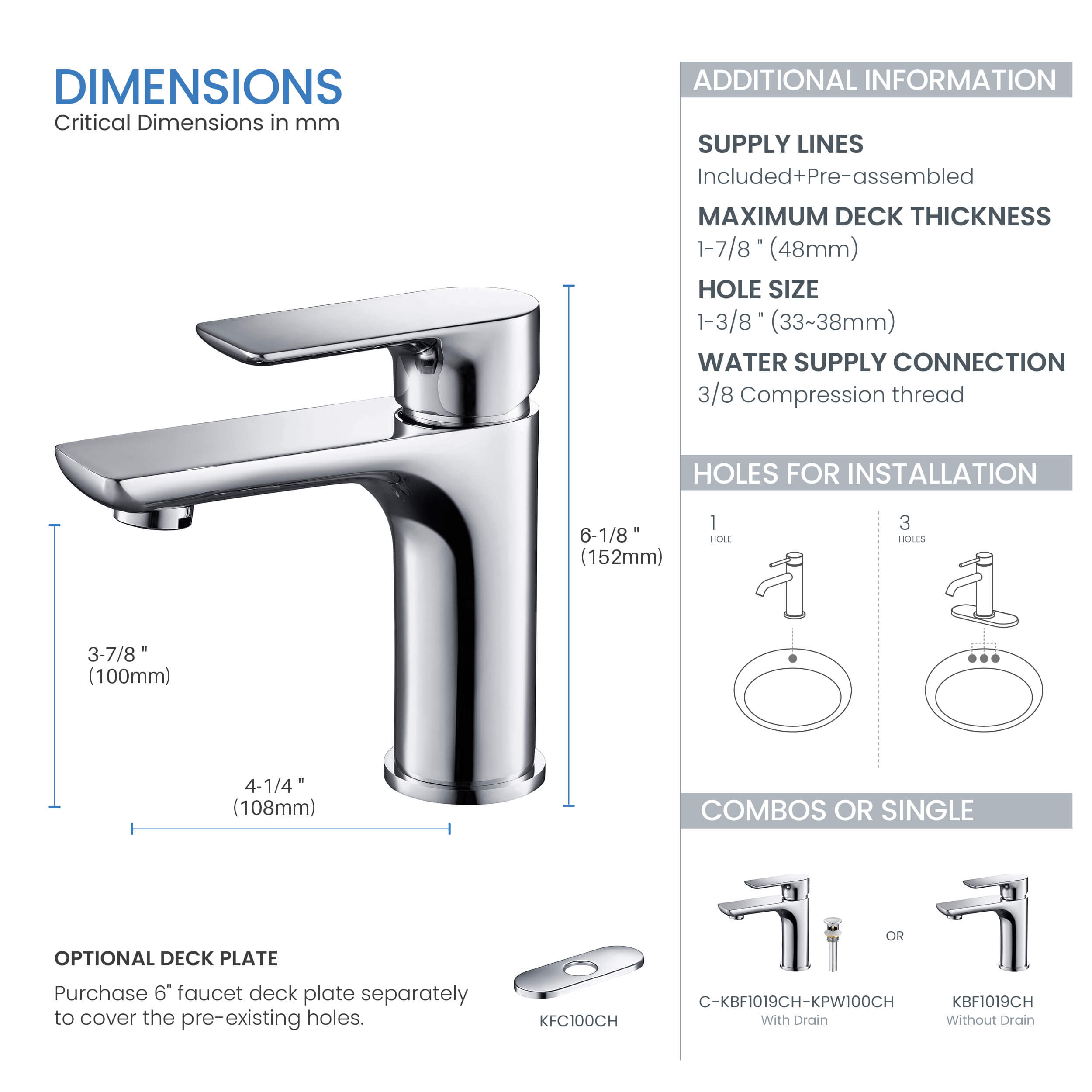 Tender Single Handle Bathroom Vanity Sink Faucet with Pop Up Drain C-KBF1019-KPW100