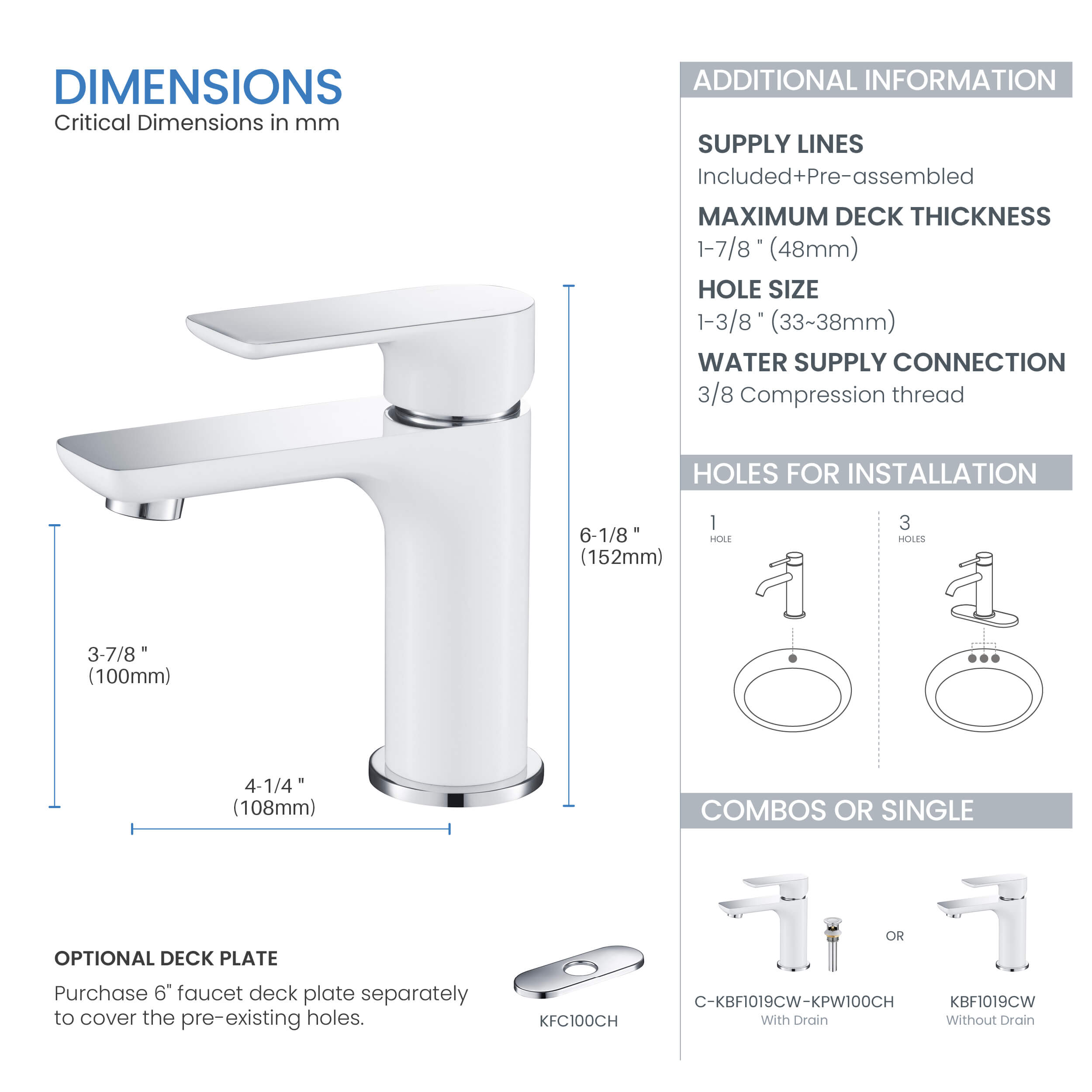 Tender Single Handle Bathroom Vanity Sink Faucet with Pop Up Drain C-KBF1019-KPW100