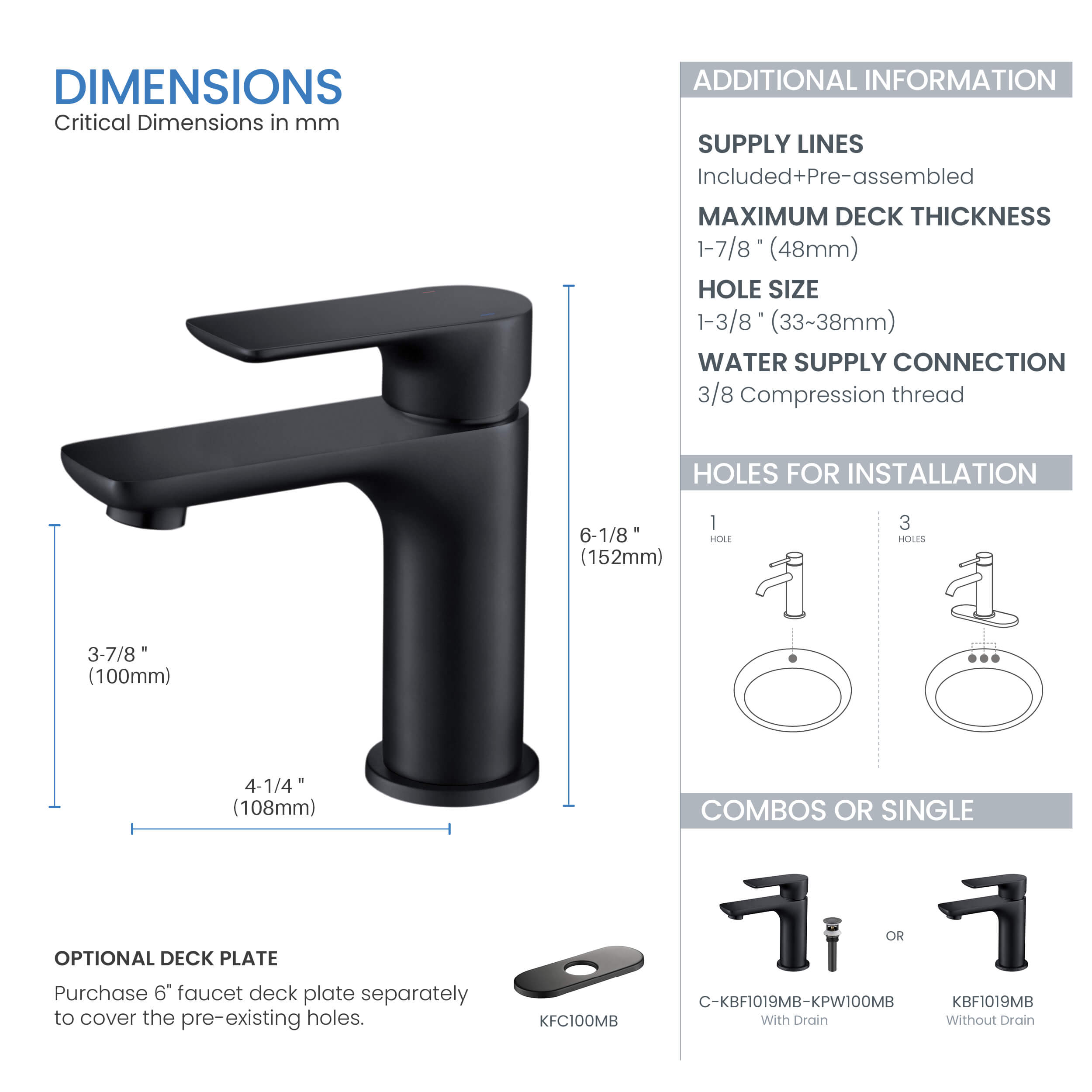 Tender Single Handle Bathroom Vanity Sink Faucet with Pop Up Drain C-KBF1019-KPW100