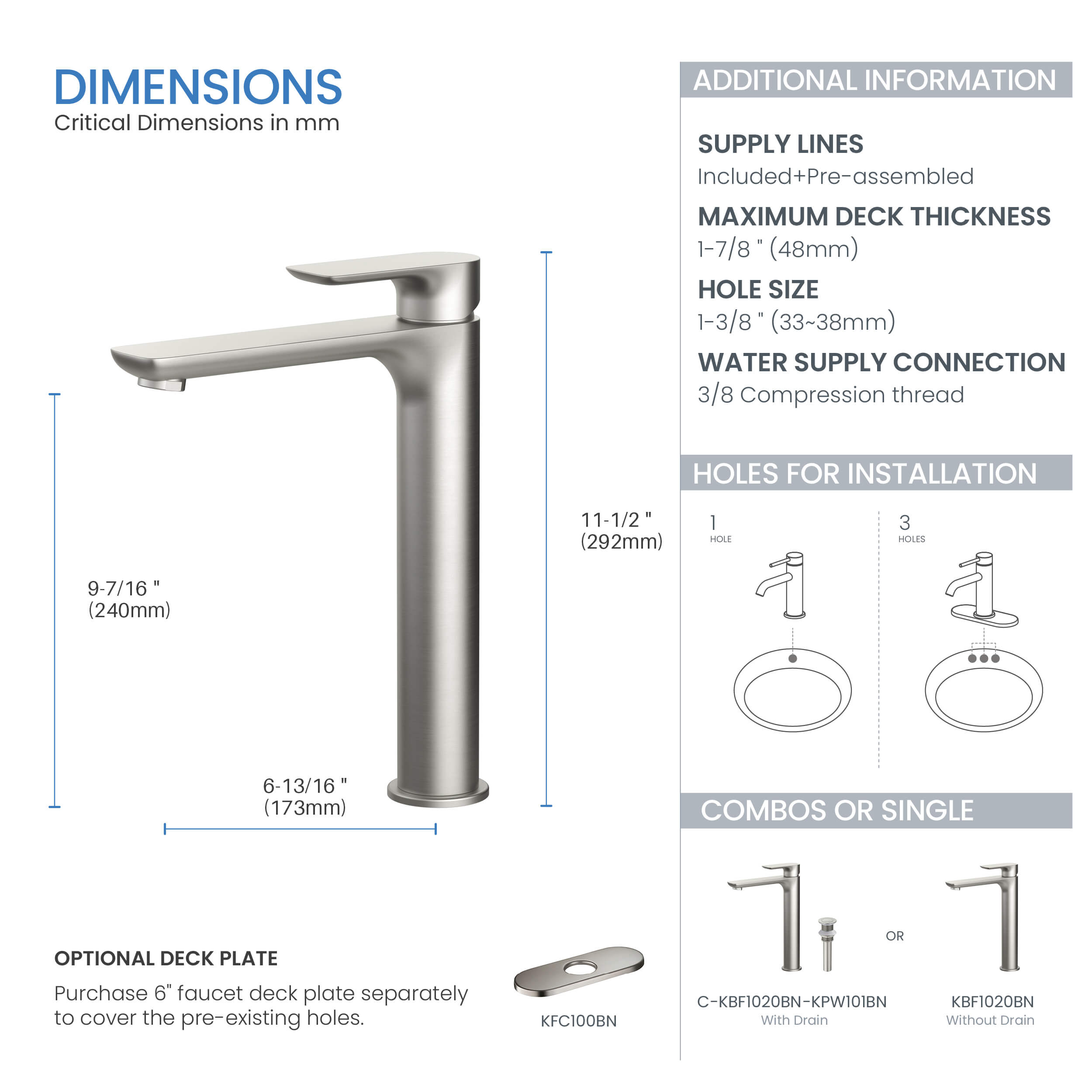 Tender-T Single Handle Bathroom Vessel Sink Faucet with Pop Up Drain C-KBF1020-KPW101