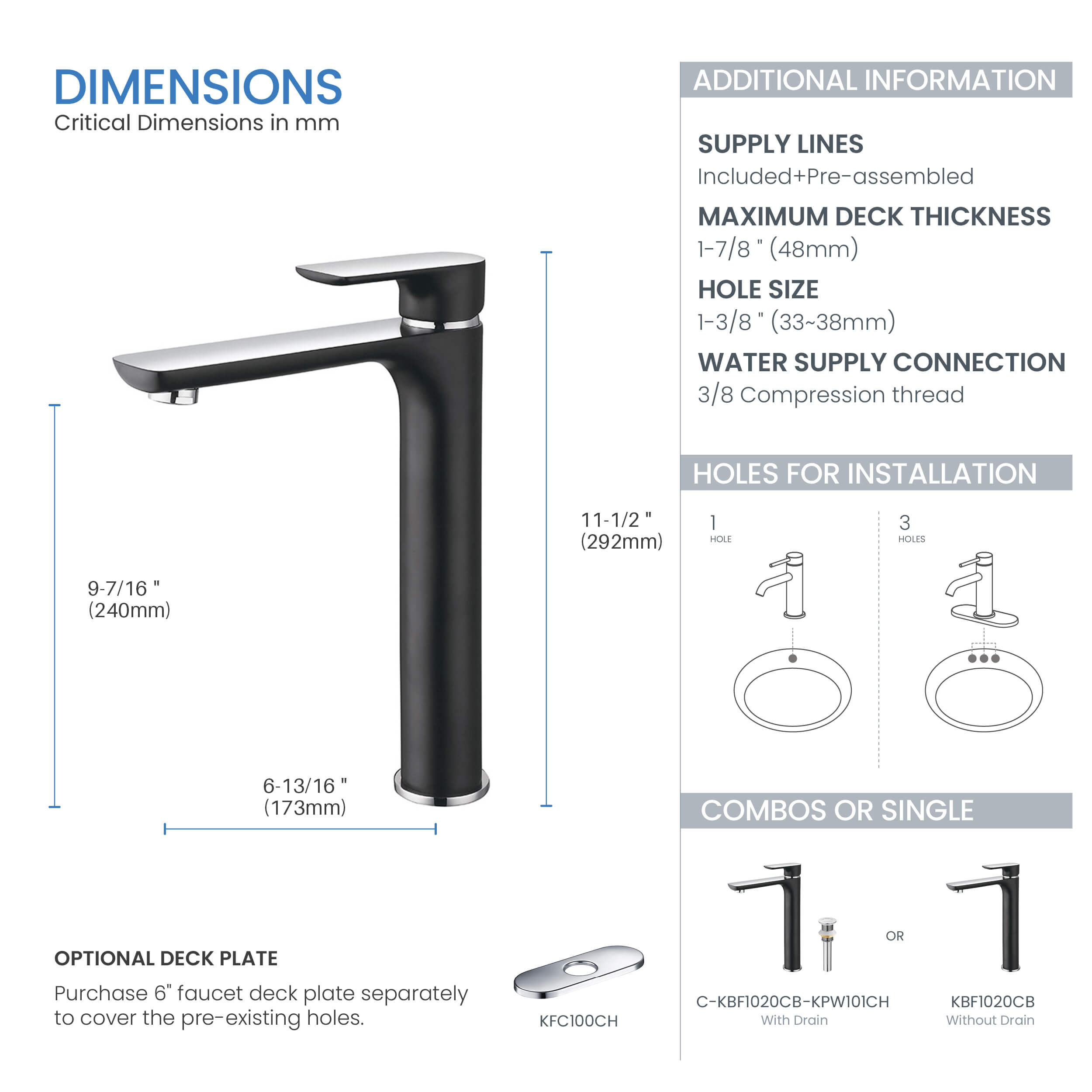 Tender-T Single Handle Bathroom Vessel Sink Faucet with Pop Up Drain C-KBF1020-KPW101